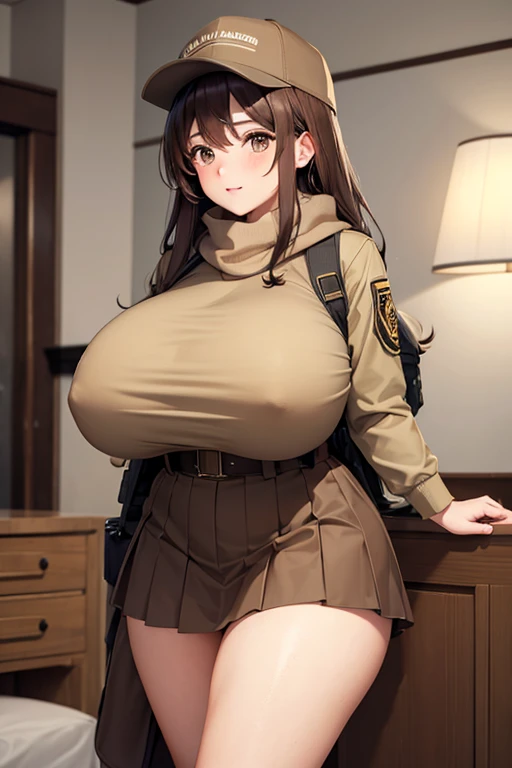 Mommy, huge brown hair, with very big and huge breasts, wearing a tactical brown uniform, pleated skirt, scarf, round trucker hat.