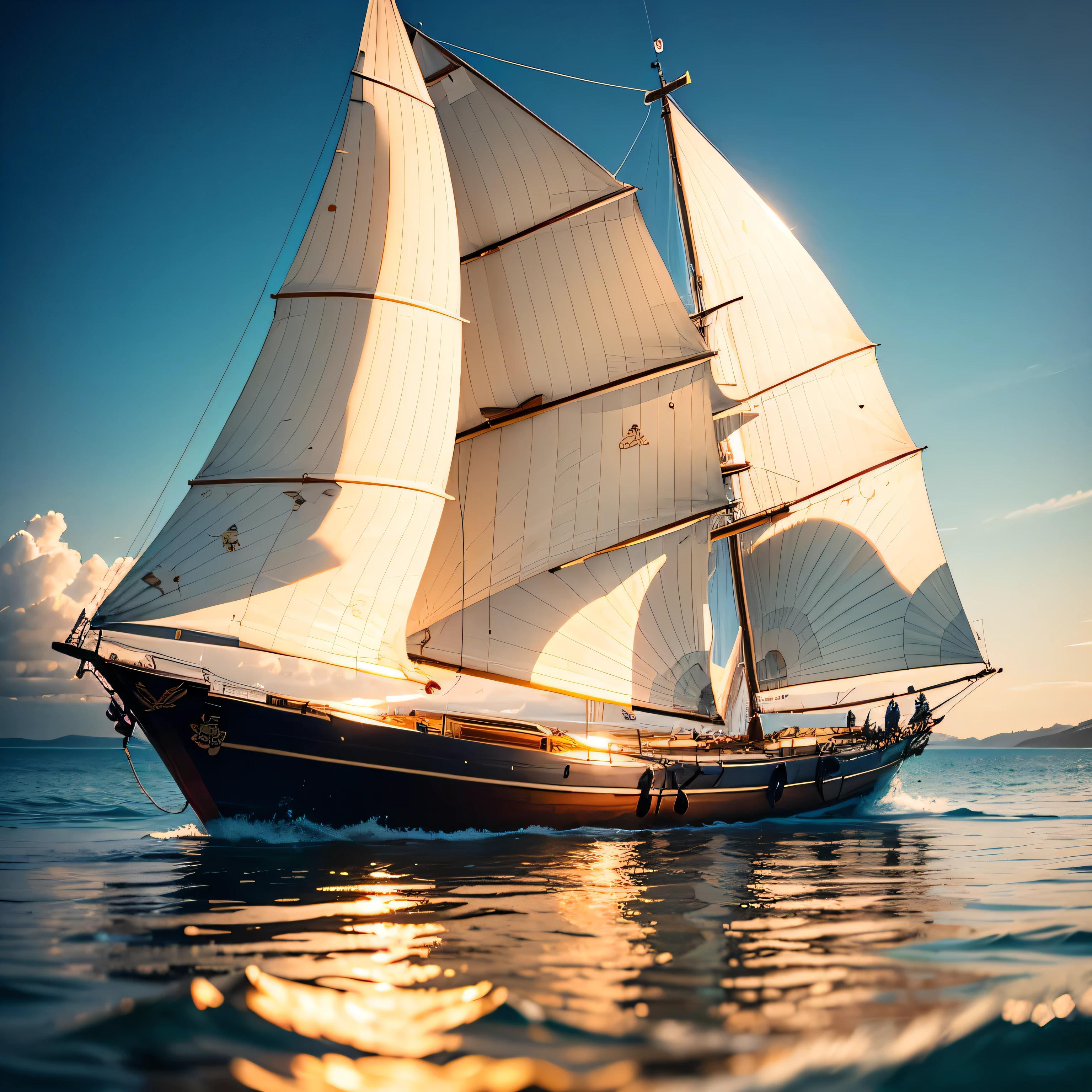 On the calm sea there is a golden sailboat、Golden，golden。