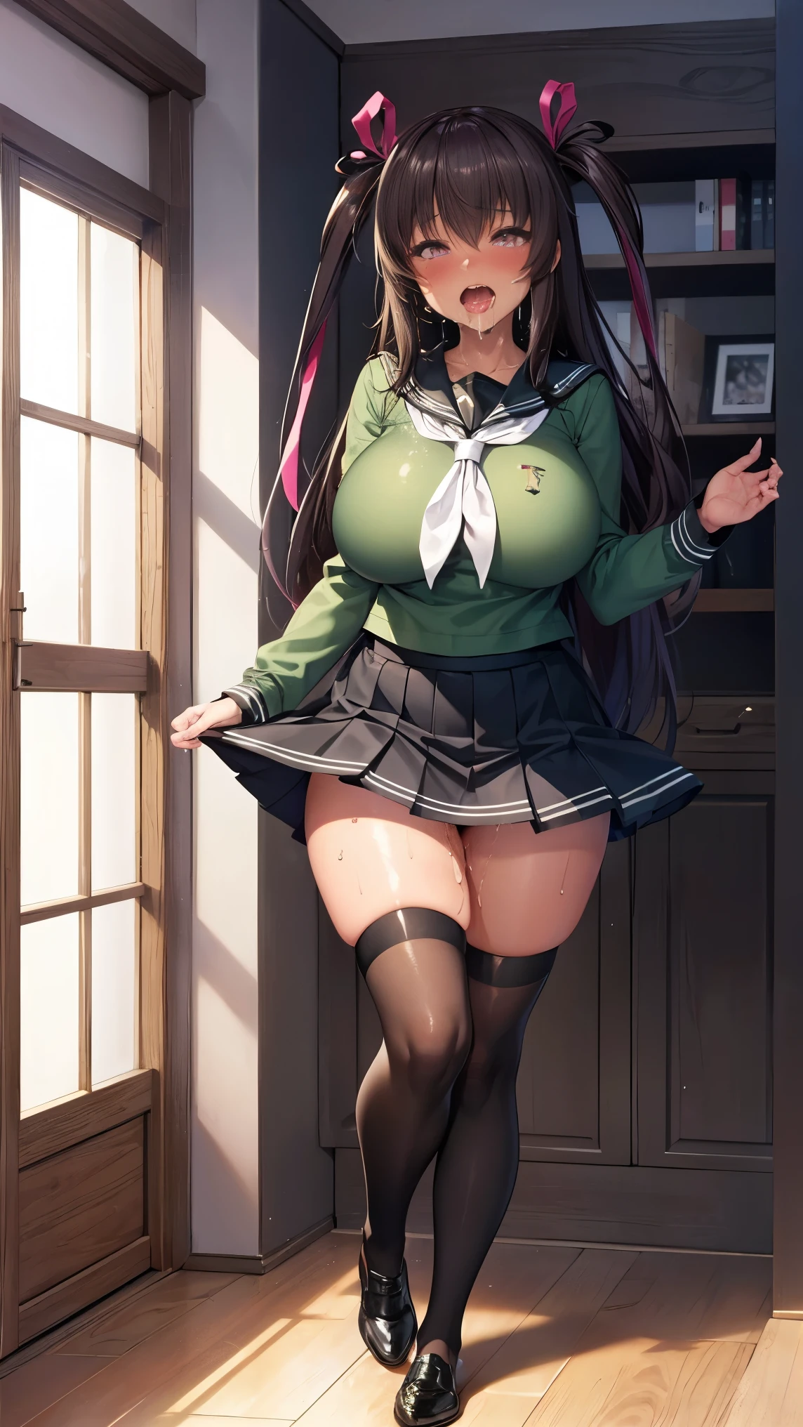 highest quality,masterpiece,8k,1girl,((big breasts:1.3)),((orgasm,blush,ahegao,saliva,saliva trail:1.1)), sweat,mini skirt,lift skirt,upskirt,Mizuki Yukikaze,hair ribbon, green shirt, serafuku, white neckerchief, long sleeves, pleated skirt, black skirt, black thighhighs,full body