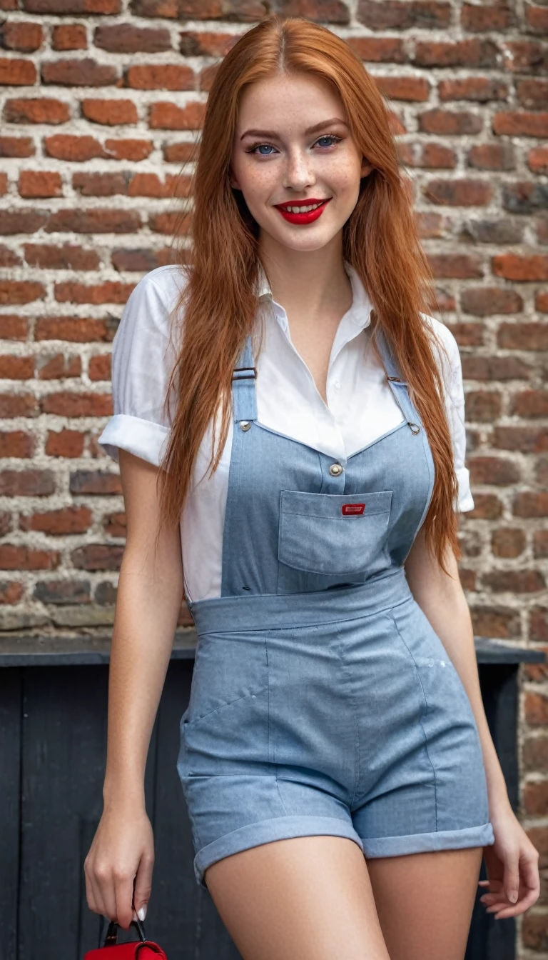 hyperrealistic beautiful busty 19-year-old woman with long legs wearing casual waitress outfit, model shooting full body photography, natural redhead very long straight hair, freckles, soaky wet skin, dark eye makeup with eyeliner, seductive smile, red lips, 8K, Best quality, Meisterwerk, ultra high resolution, (Realismus: 1.4), Originalfoto, (realistische Hautstruktur: 1.3), (Filmkorn: 1.3), (Selfie-Winkel), 1 girl, Beautiful round hazel eyes and facial details, Meisterwerk, Best quality, outdoor photography in front of an old brickwall, nsfw
