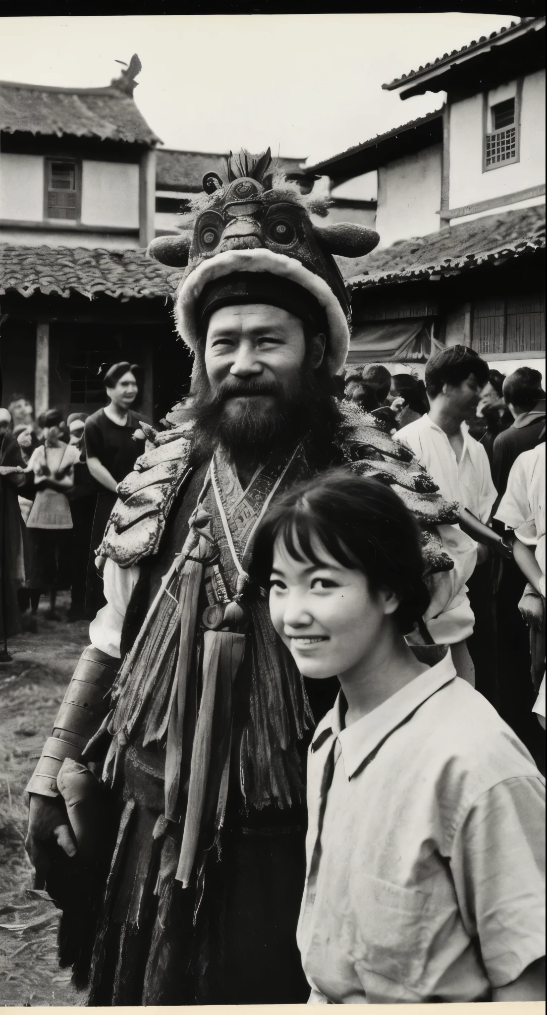 masterpiece, best quality, highres, hyper detailed, faded old photo, damaged, 1840s, Ancient asian cultural, fantasy, surreal,
a real 8 foot tall cow Head Warrior stands with the local villagers, giant, beard, traditional dress, armor, costume,
smile, crowd, children, outdoor, village scene, depth of field,
