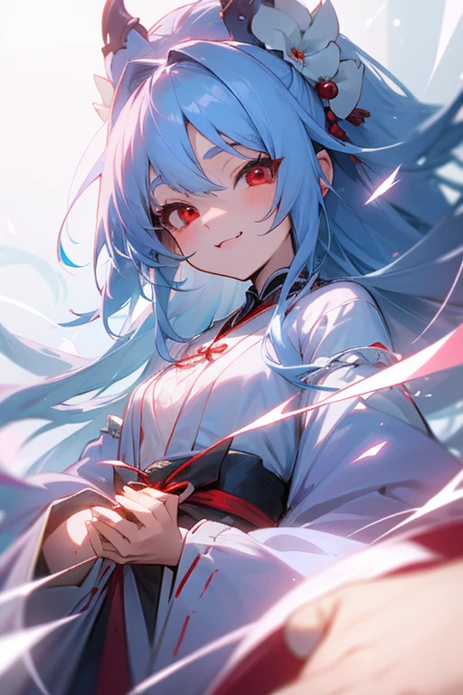 Vampire、A tiny fang growing、Light blue hair、delicate、masterpiece、highest quality、cute、A seductive smile、Japanese、Clothes、beautiful、Full Color、chest、From below、Focus on the eyes、Long Hair、woman、young、Red eyes