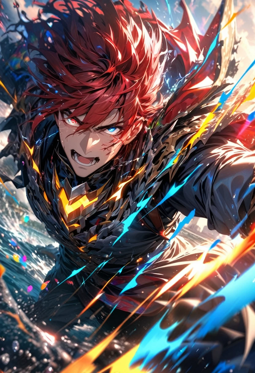absurdres, highres, ultra detailed, HDR, masterpiece, extremely detailed face and eyes, dragon knight , colorful red hair , , solo, man, handsome, , , Epic fight scene, colorful water splashing effect,colorful lightning effect,glowing glitters