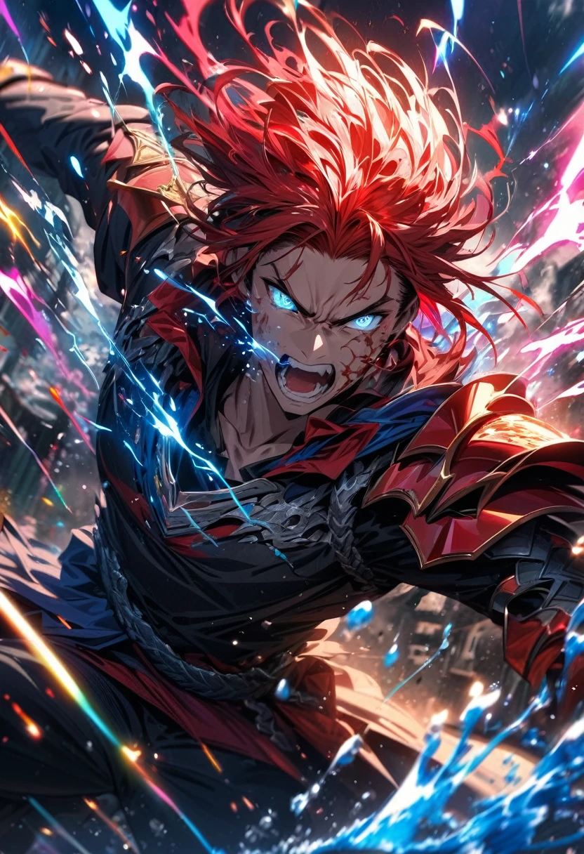 absurdres, highres, ultra detailed, HDR, masterpiece, extremely detailed face and eyes, dragon knight , colorful red hair , , solo, man, handsome, , , Epic fight scene, colorful water splashing effect,colorful lightning effect,glowing glitters