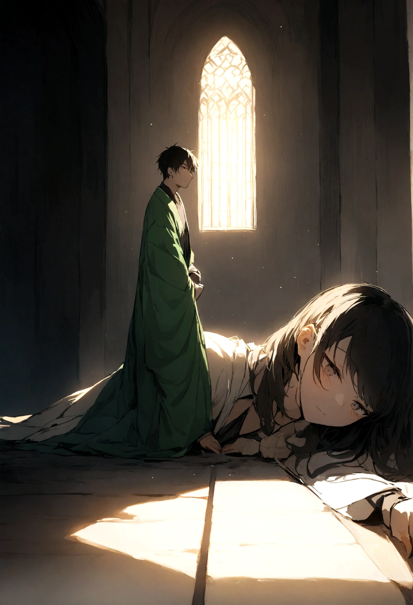 It represents the following scene: Daiki (Black-haired boy) and Aoi (blonde-haired boy) lying on the ground were taken by surprise by Yuki (Green-haired boy and haori)