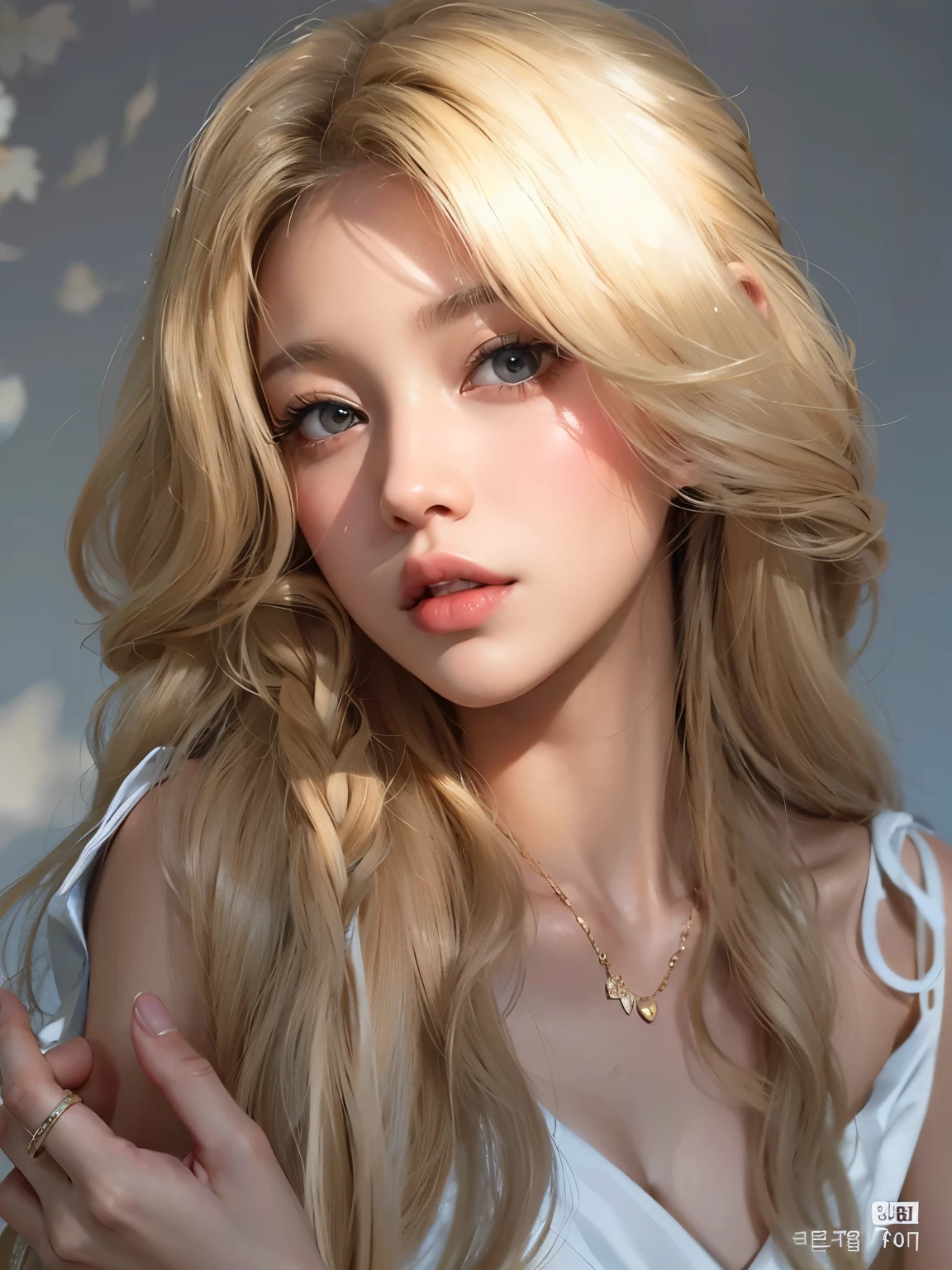 Blonde woman with long hair and white dress posing for a photo, girl with blonde hair, with long blonde hair, linda mulher sul-korean, Blackpink's Roseanne Park, long blonde hair and big eyes, White hime cut hairstyle, Fair skin, curly hair, blonde hair, with long white hair, Linda jovem korean, korean, Heonhwa Choi