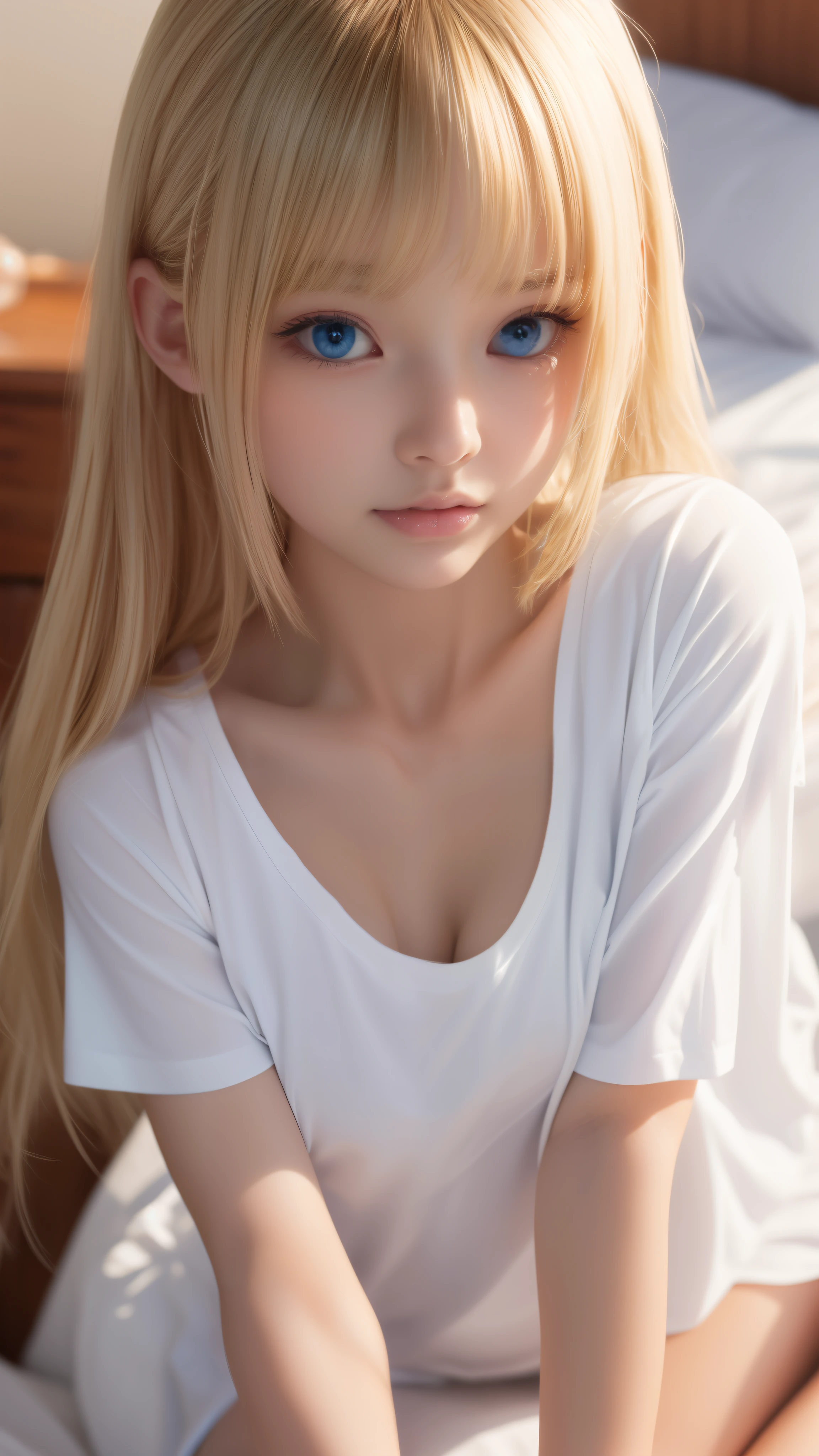 Beautiful innocent 20 year old blonde girl、Beautiful shining platinum blonde hair、bangs fall on face、((Wearing an open white T-shirt,Dramatic Pose)),Sexy Looks,Super long straight blonde silky hair,Bed Background,Beach Background、RAW Photos, (8k、highest quality、masterpiece:1.2)、(Intricate details:1.4)、(Realistic:1.4)、Octane Rendering、Super detailed with exquisite 3D rendering, Studio Soft Light, Rim Light, Crisp details, Super detailed, Realistic skin texture, Cheek gloss、Detailed aspect, Very beautiful bright pale blue eyes, Very big eyes、Highly detailed CG Unity 16k wallpaper, Perfect beauty、Round face、compensate, (Detailed Background:1.2), Shiny skin, whole body、From head to thighs、Cleavage,((sleep with your head up、Angle of view from above))