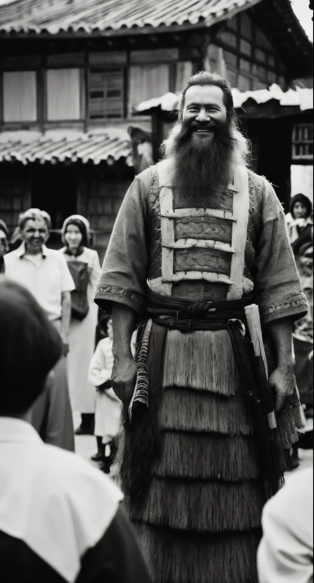 masterpiece, best quality, highres, hyper detailed, faded old photo, damaged, 1840s, Ancient asian cultural, fantasy, surreal,
a real 8 foot tall cow Head Warrior stands with the local villagers, giant, beard, traditional dress, armor, costume,
smile, crowd, children, outdoor, village scene, depth of field,
