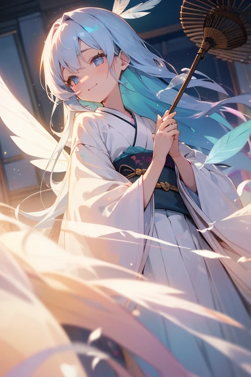 Fairy、Beautiful transparent feathers、Pastel colored hair、delicate、masterpiece、highest quality、cute、A seductive smile、Japanese、Clothes、beautiful、Full Color、chest、From below、Focus on the eyes、Long Hair、woman、young、Light-colored eyes