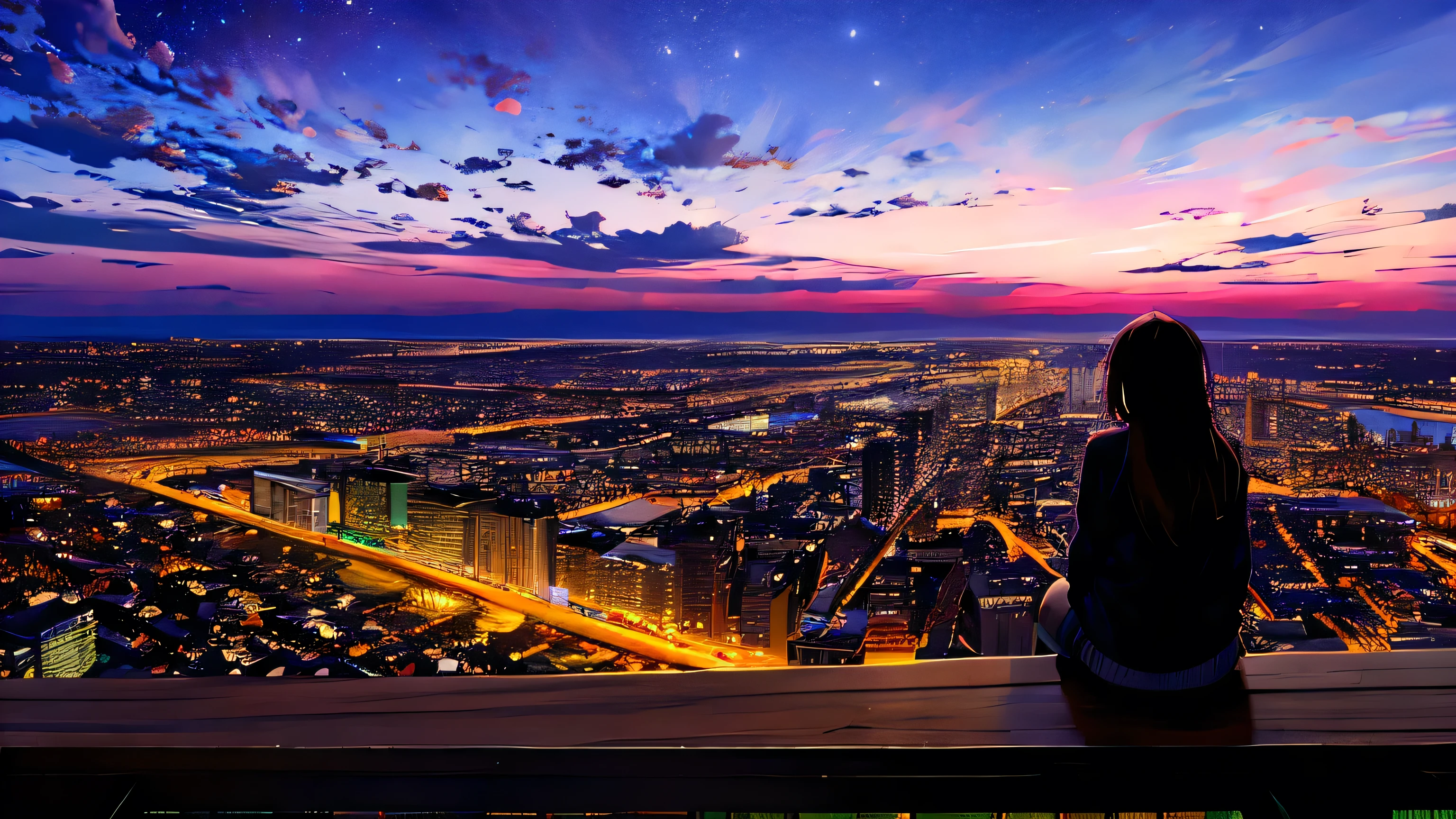 Back view、Beauty、alone, Outdoor, building, cloud, milky way, Sitting, wood, Long Hair, city, silhouette, cityscape