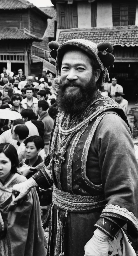 masterpiece, best quality, highres, hyper detailed, faded old photo, damaged, 1840s, Ancient asian cultural, fantasy, surreal,
a real 8 foot tall cow Head Warrior stands with the local villagers, giant, beard, traditional dress, armor, costume,
smile, crowd, children, outdoor, village scene, depth of field,