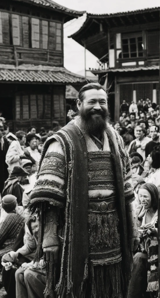 masterpiece, best quality, highres, hyper detailed, faded old photo, damaged, 1840s, Ancient asian cultural, fantasy, surreal, 
a real 8 foot tall cow Head Warrior stands with the local villagers, giant, beard, traditional dress, armor, costume, 
smile, crowd, children, outdoor, village scene, depth of field, 