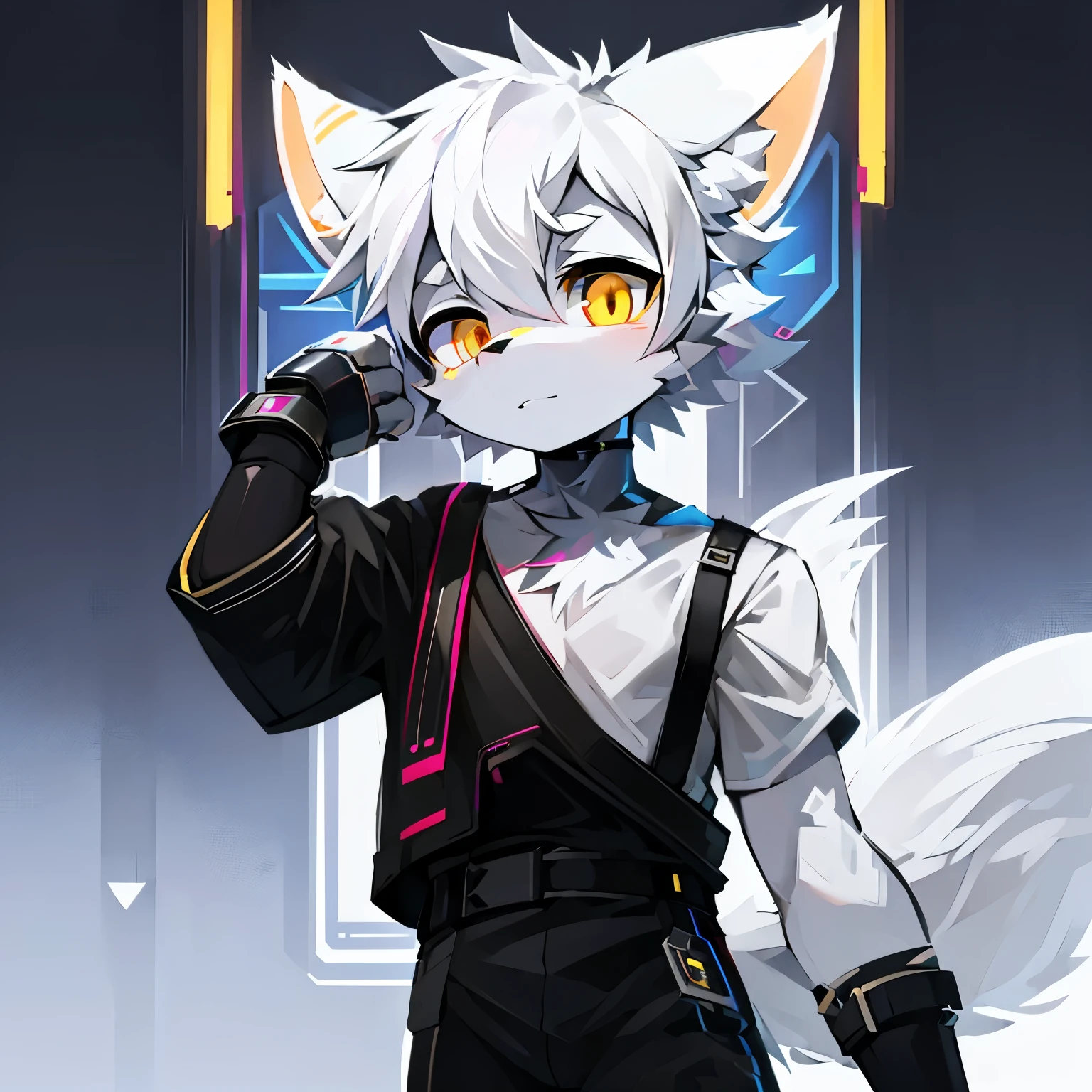 cyber punk perssonage,epcot,Tech style,solo person,White body,White ears,White hair,Overall white,Orange-yellow eyes,Wolf tail,Wolf orcs,Young,Wear a short-sleeved shirt,Ultra-clear screen,Soft lines