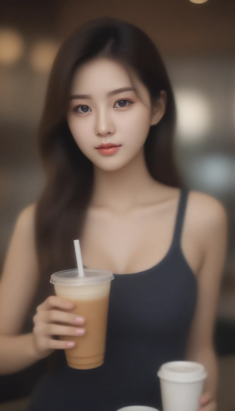 close-up of beautiful korean female, 34 inches breasts size, wearing punk tank top, pants, holding milk tea, at the luxury cafe, bokeh background, UHD