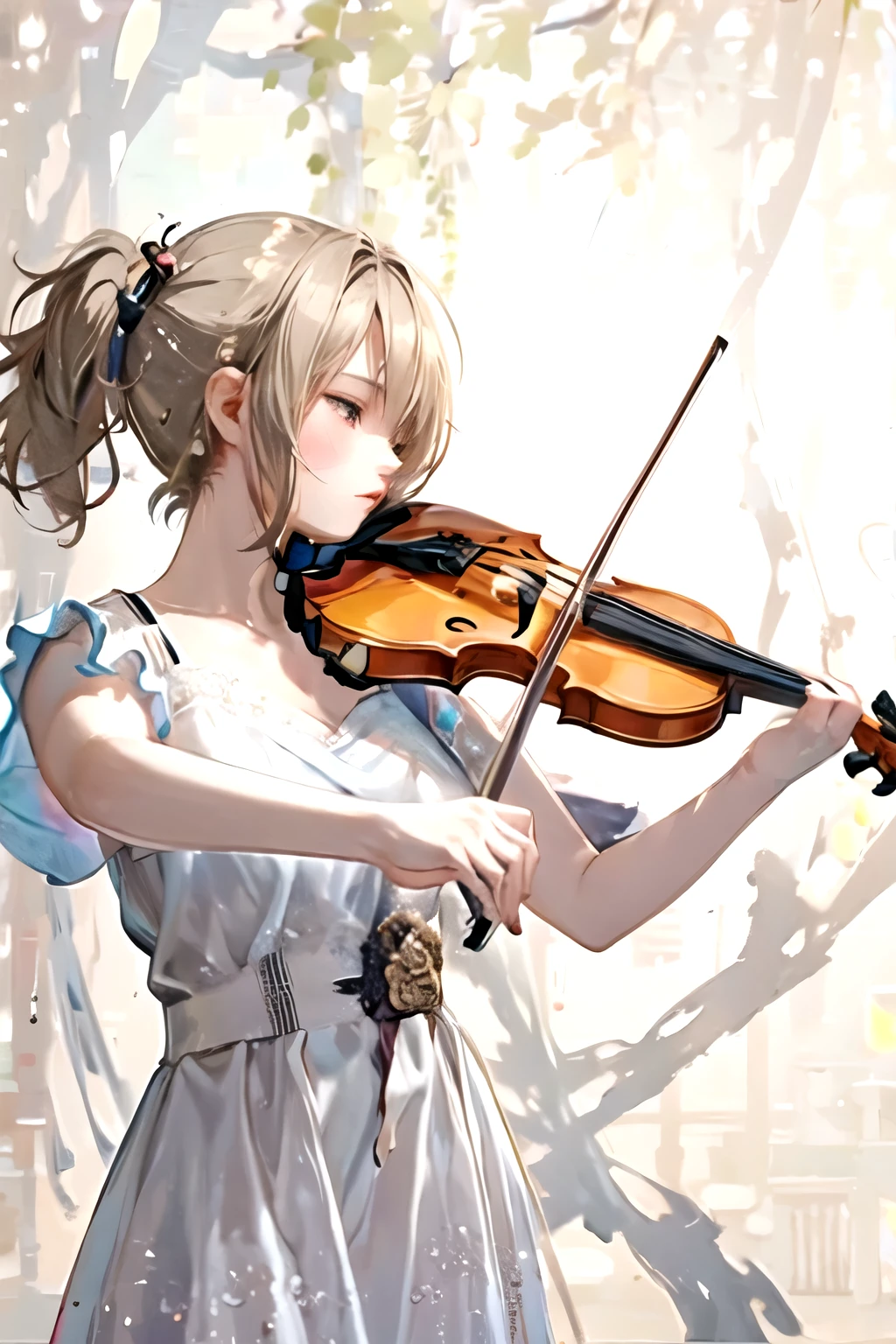 (masterpiece, best quality:1.2), 1girl, playing violin, solo, blank background, white background,