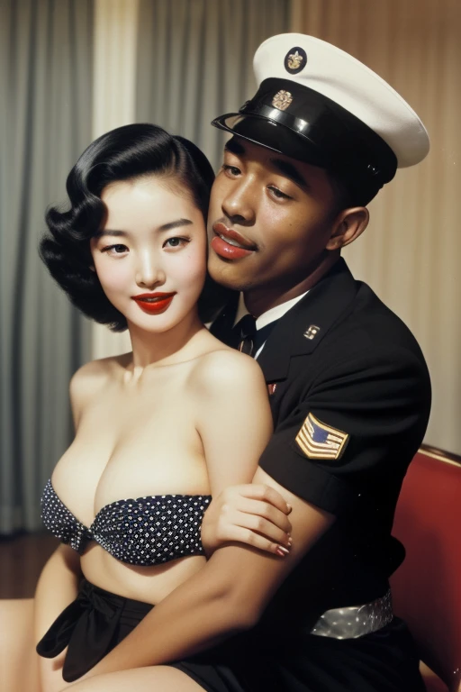 1952, Seoul, (((1 korean young girl and 1 black man facing each other))), {(1 korean young girl), Retro vintage, ,(big breasts, strikingly beautiful, delicate facial features, porcelain skin, expressive eyes, black hair, red lips), (hairstyle of the 1950s), ((awe and joy expression)), poster of a sexy, glamorous pin-up girl wearing a sailors hat, bikini and polka dot stockings}, in the Cabaret in the 50s, korean young girl sitting on the chair, (((black man wearing US army uniform of the 1950s))), (((black man hugging on korean young girl's chest))), focus on black man,