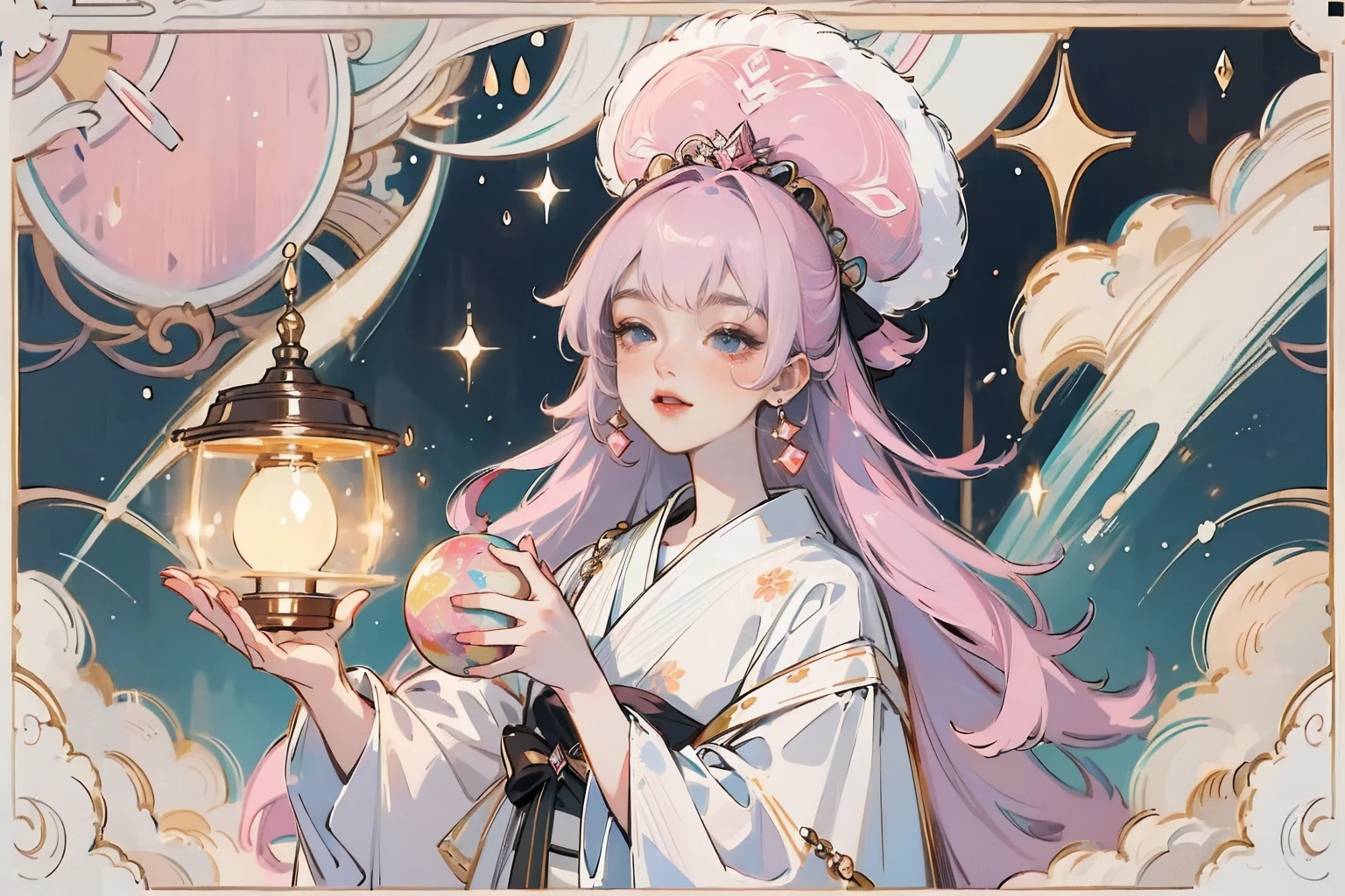 ((masterpiece)), best quality, (8K, best quality, masterpiece:1.2), Extremely detailed, illustration, Ancient style girl,cute,Pink gray hair,Galaxy Stars,Holding a ball-shaped lamp in hand
