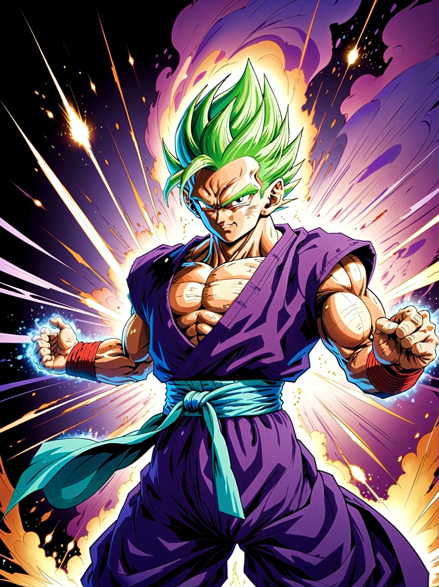 (piccolo), 1boy, Male focus，solo，Green Skin，Pointed ears，Black eyes，Purple pants，purple dougi，White cape，White headscarf，blue sash，Looking at the audience，Dynamic poses，fighting，Explosion，Explosion Background，Martial arts tournament background