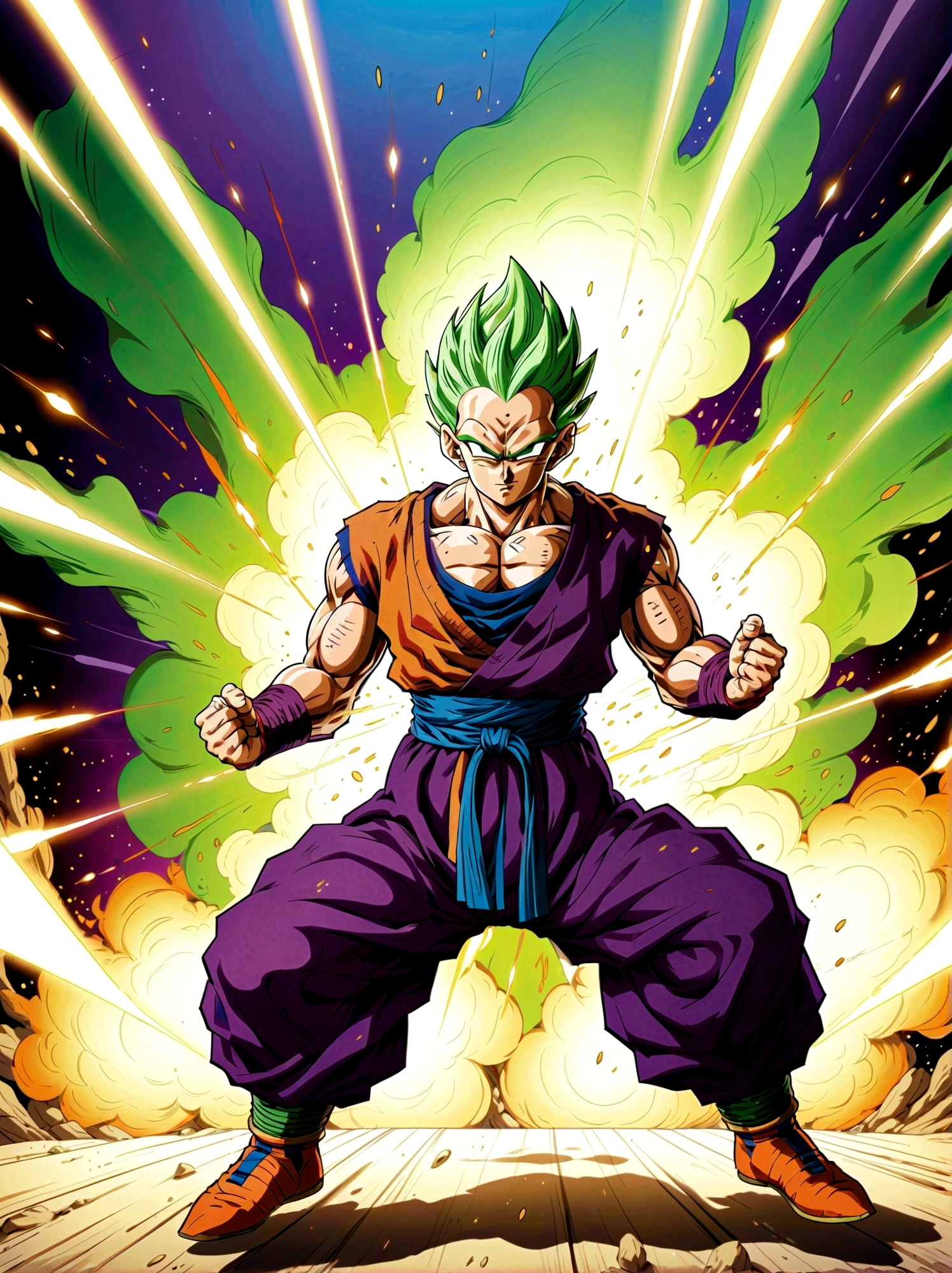 (piccolo), 1boy, Male focus，solo，Green Skin，Pointed ears，Black eyes，Purple pants，purple dougi，White cape，White headscarf，blue sash，Looking at the audience，Dynamic poses，fighting，Explosion，Explosion Background，Martial arts tournament background