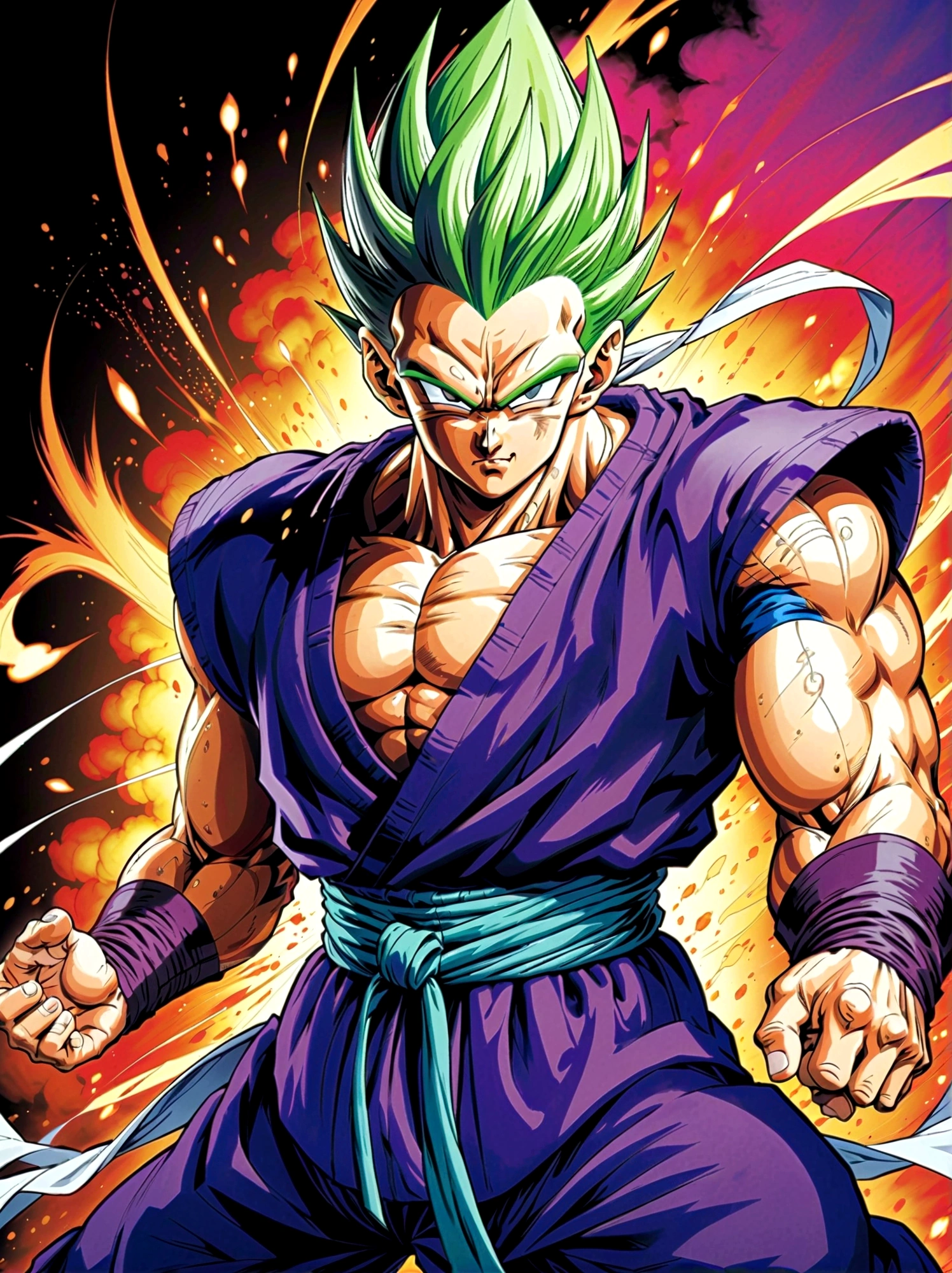 (piccolo), 1boy, Male focus，solo，Green Skin，Pointed ears，Black eyes，Purple pants，purple dougi，White cape，White headscarf，blue sash，Looking at the audience，Dynamic poses，fighting，Explosion，Explosion Background，Martial arts tournament background