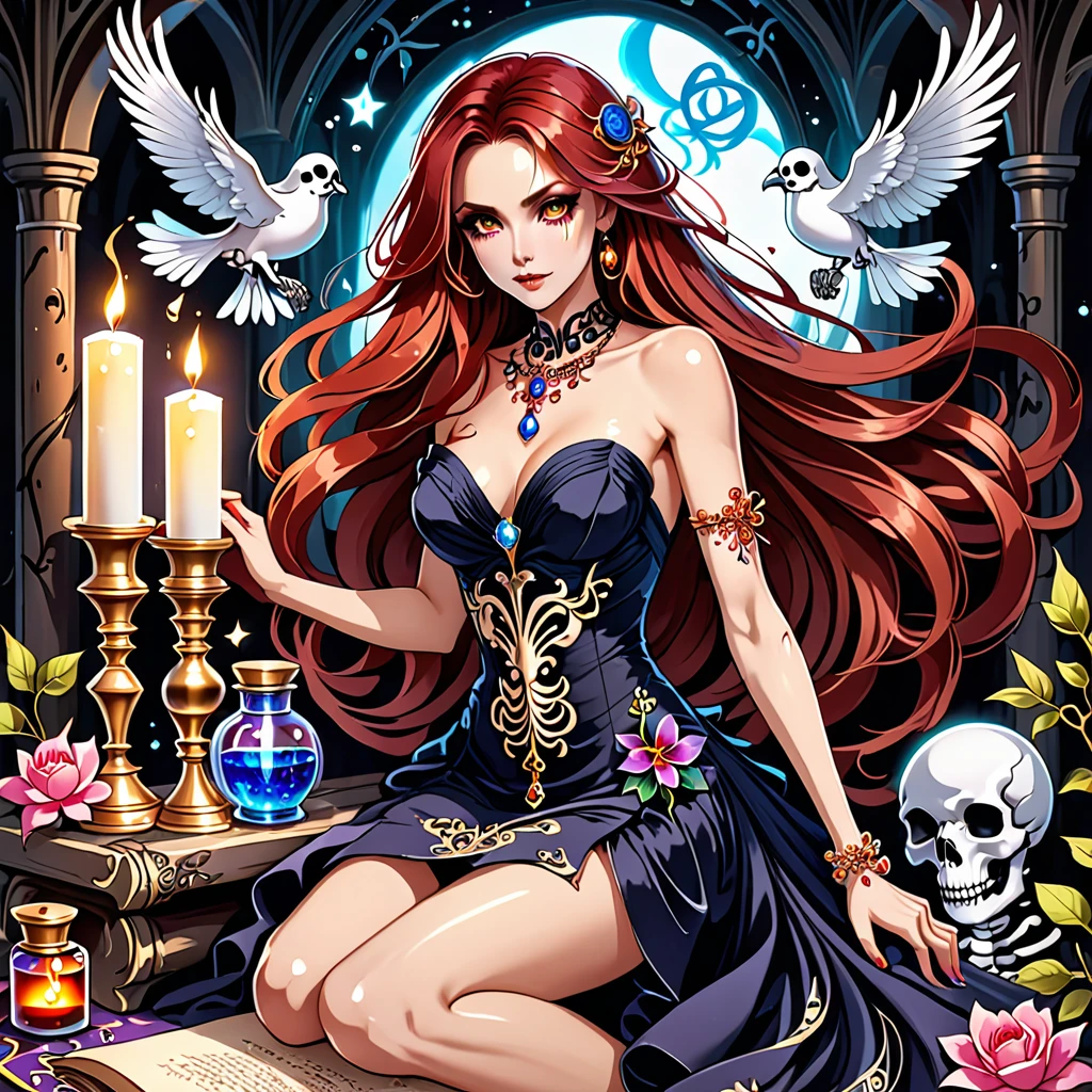 1 topless girl, long bloody hair, seductive eyes, mysterious expression, mature appearance, charming dress, flowing short dress, elegant jewelry, intricate decoration, magic symbols, glowing accessories, potions, scrolls, cute accents, bows, ribbons, flowers, birds, skeleton