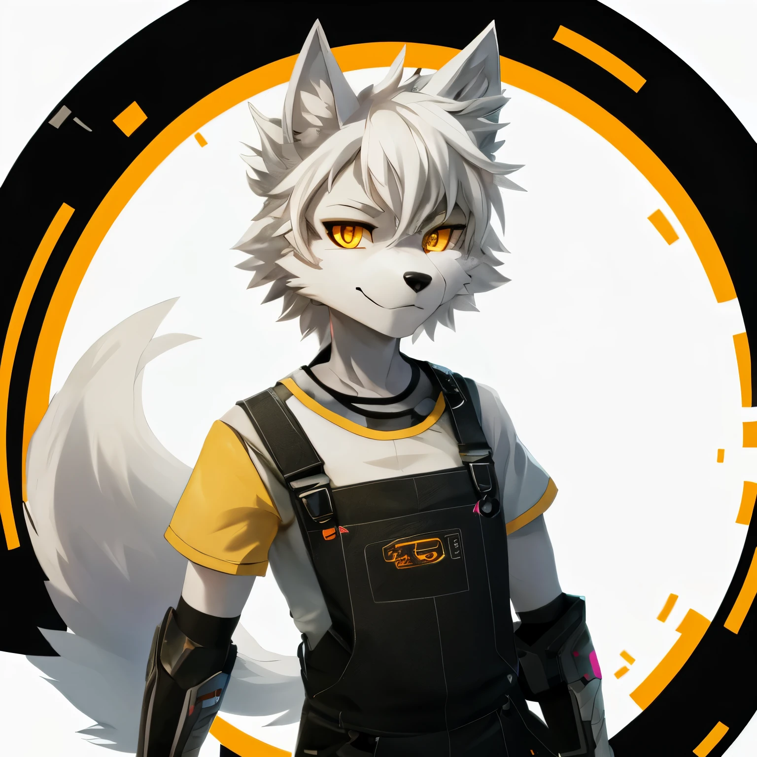 cyber punk perssonage,epcot,Tech style,solo person,White body,White ears,White hair,Overall white,Orange-yellow eyes,Wolf tail,Wolf orcs,Young,Wear a short-sleeved shirt,Ultra-clear screen,Soft lines