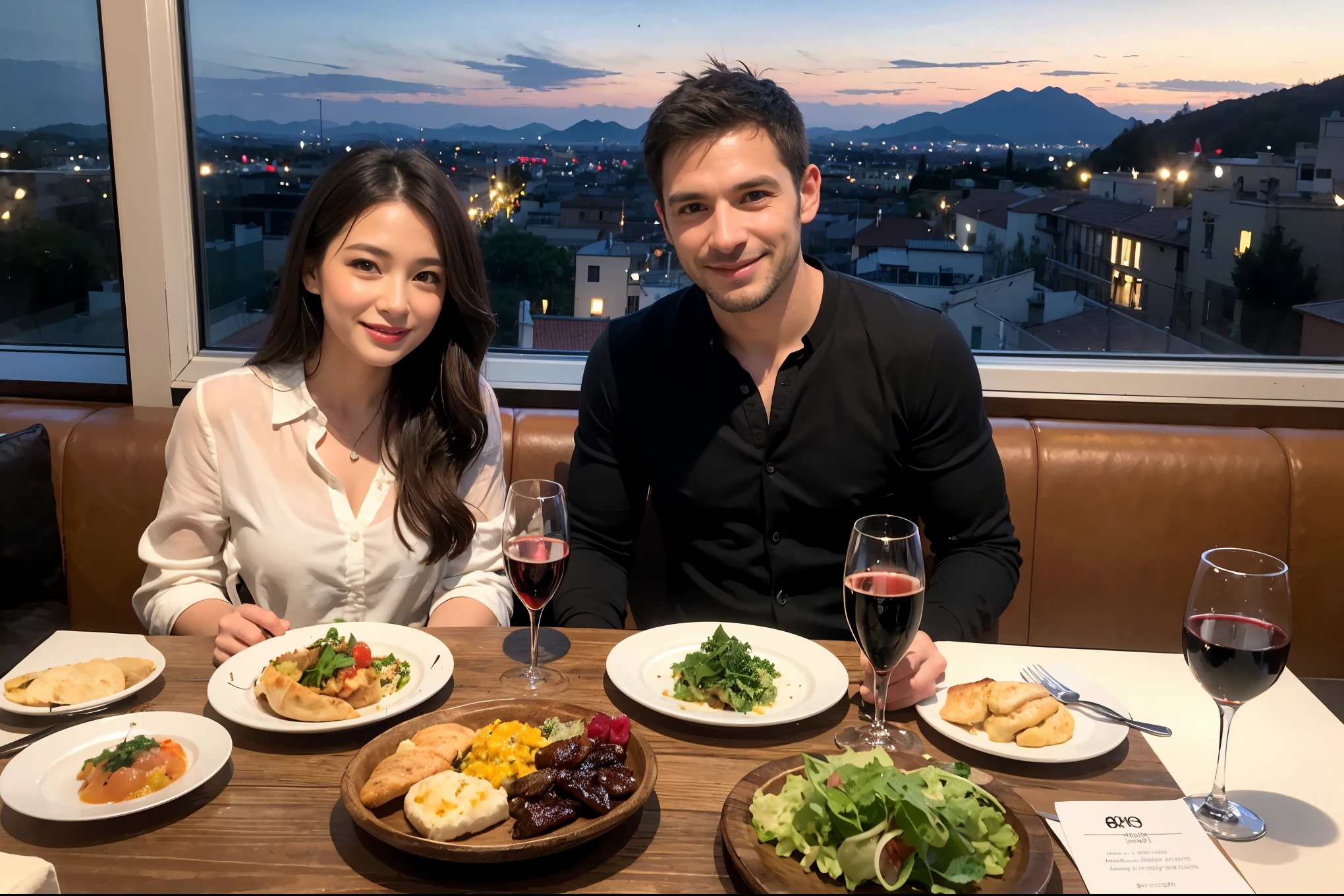 ((highest quality、8k、masterpiece:1.3))、1 male、1 female、Spouse、Beautiful couple、smile、 (Slim face), (the body is スリム), (Brown Hair), (Shortcuts), テーブルの上のwine glass、Please shine a light on my face、 Amazing view of the sunset sky and clouds、Amazing mountain views、smileの美しさ、Bright image、Blushing, Shortcuts,Bright Face、 (Age 35), 39 years old, red wine 、Appetizers、Italian food、Wine bottle、Champagne、sparkling wine、Long sleeve shirt、dress、Attractive beauty、restaurant, Nova Frog Style, actress, model, Upper Body, White wine, red wine, wine glass,