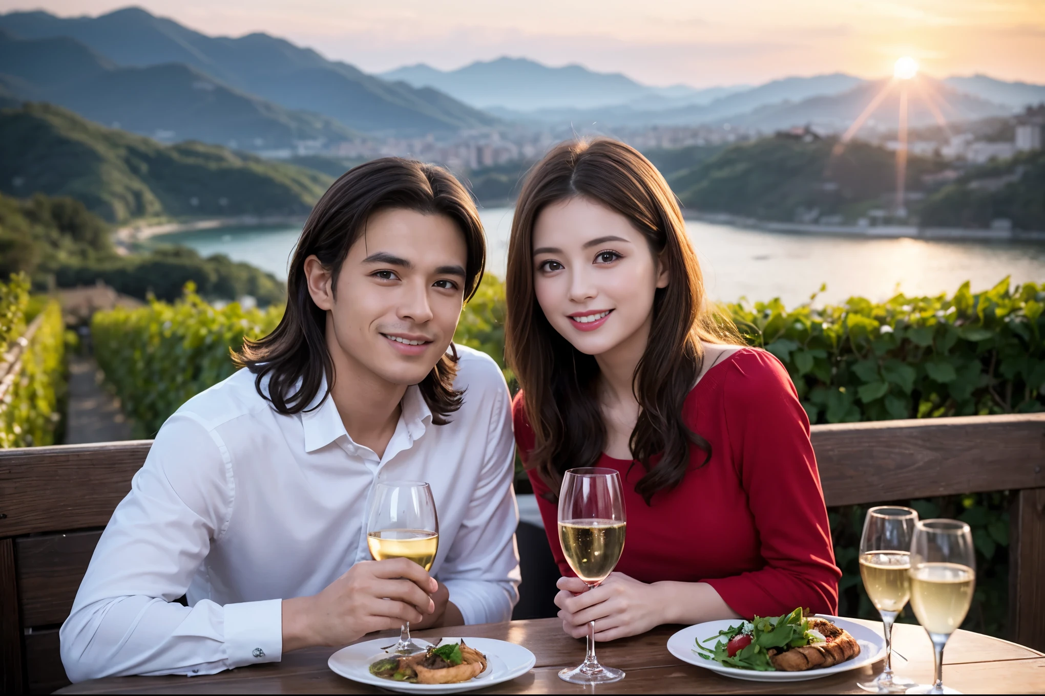 ((Highest quality、、masterpiece:1.3))、 (Genuineistic, Genuine、Bright image、Intricate details:1.2), 最高のsmile、1 male 1 female、Beautiful couple、love love love、fiancee、Model Friends、actress couple、smile、Full-course dinner at a packed table、 (Slim face), (the body is slim), (Brown Hair), (short hair), テーブルのwine glass、Please shine a light on my face、 Amazing view of the sunset sky and clouds、33 years old,Age 35, red wine 、Appetizers、Wine bottle、sparkling wine、Long sleeve shirt、dress、White wine, red wine, wine glass, 