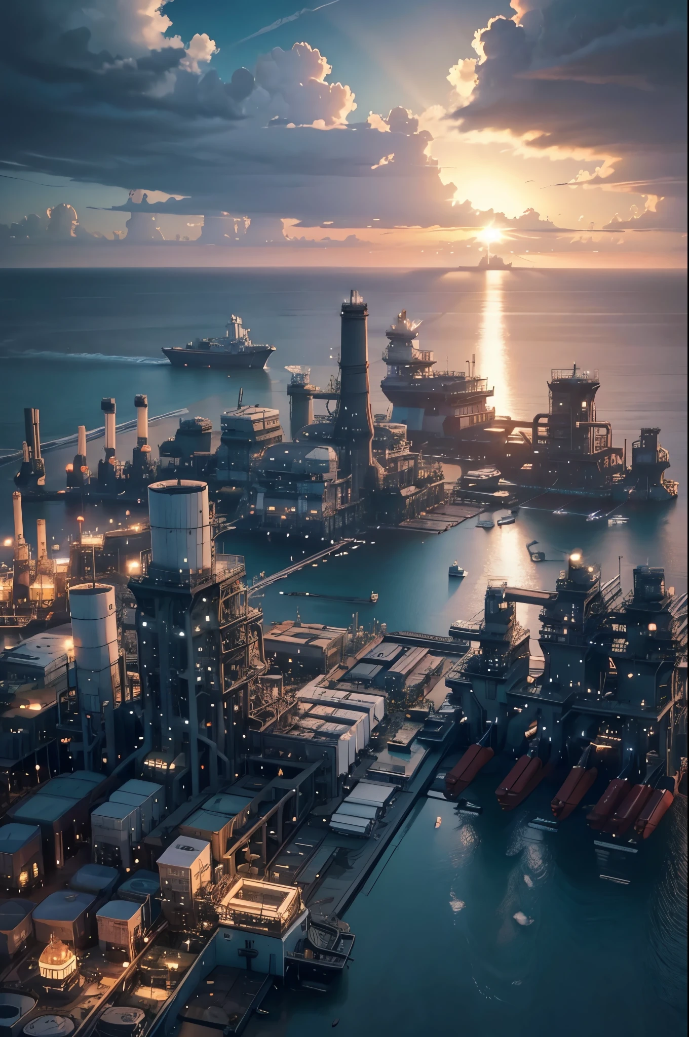 The view from the helicopter,(((The offshore plant floats on the ocean.:1.5))),(Beautiful ocean drawing),(Gentle sunset),(Night view),(Aerial photos),(((masterpiece:1.5),(highest quality:1.5),(Very detailed:1.5),(High resolution:1.5),(Realistic:1.5),(RAW Photos:1.5),(Delicate depiction),(Gentle colors))),8k,wallpaper