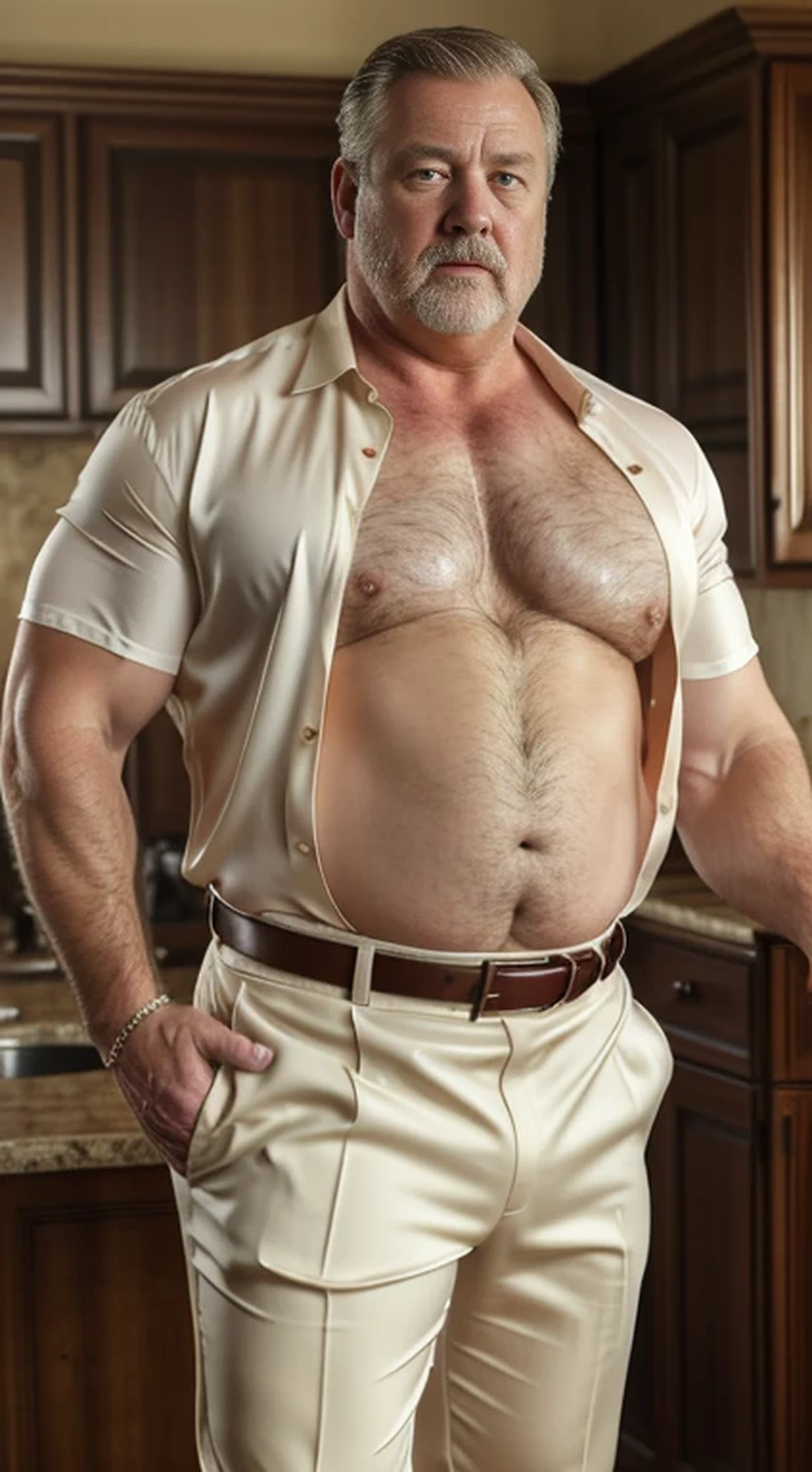 (best quality,4k,8k,highres,masterpiece:1.2), age 60, white man detective , horny disgusting, muscular chubby, kind, open silk shirt, mature daddy, Dress Pants with big hard bulge, hairy chest hard nipple, belt, loafer,
