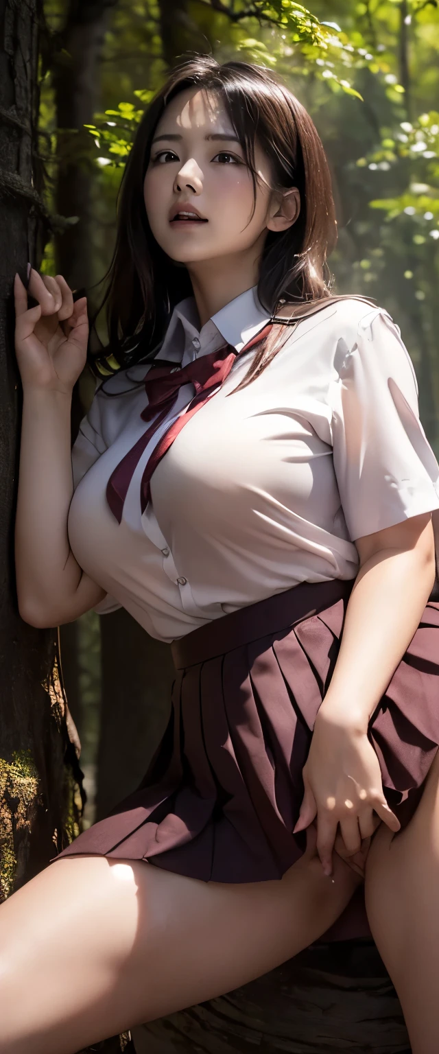 ((strong sunlight, deep forest pass, trees)), (((round face))), (blush, open mouth), ((large areolas, glossy lips)), ((standing and bending to spread legs, showing off her pubic hair and genitals)), (young woman, white summer shirt, ribbon, pleated skirt, uniform, school bag),