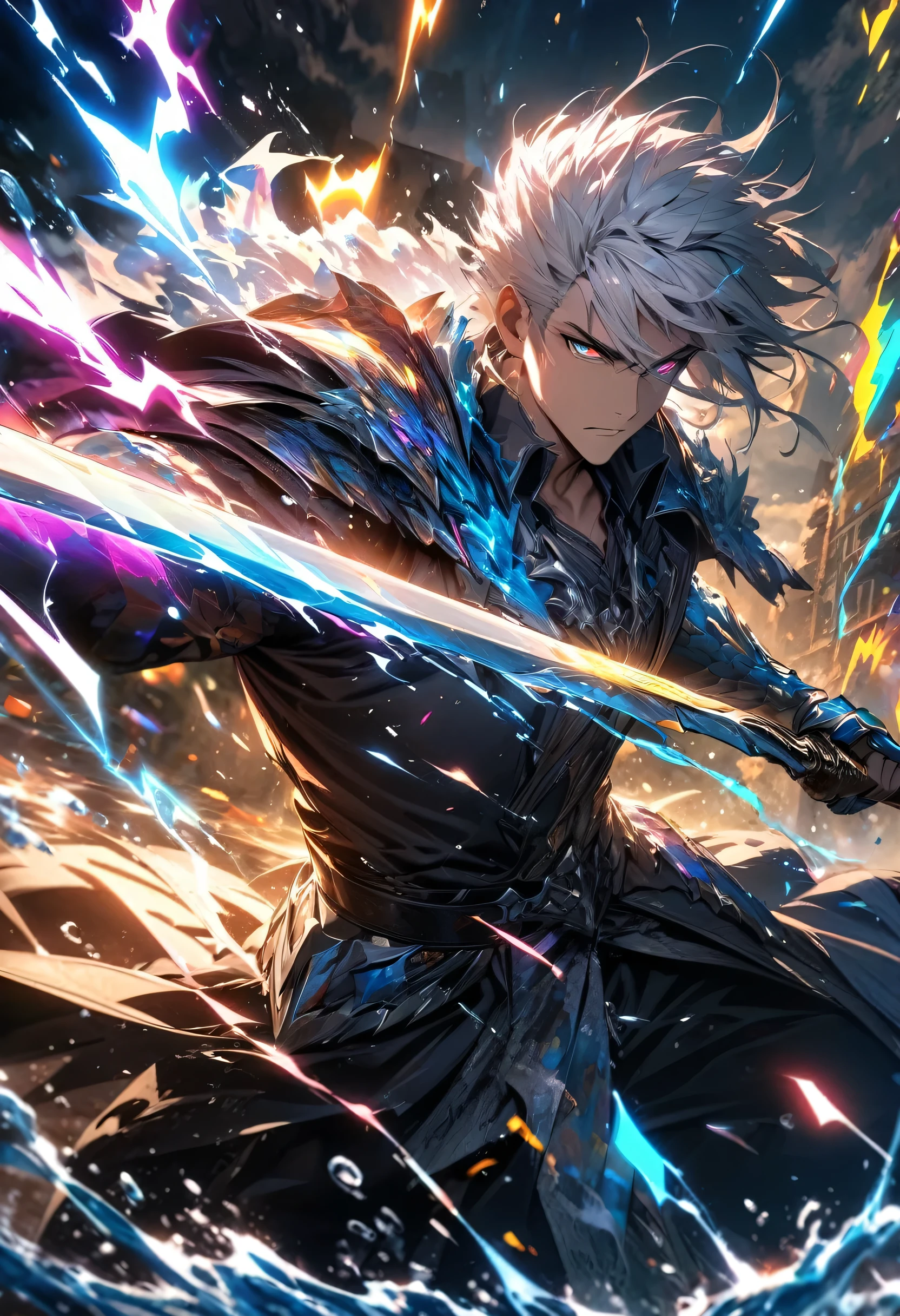 absurdres, highres, ultra detailed, HDR, masterpiece, extremely detailed face and eyes, dragon knight , colorful white hair , , solo, man, handsome, holding sword, , Epic fight scene, colorful water splashing effect,colorful lightning  effect,glowing glitters