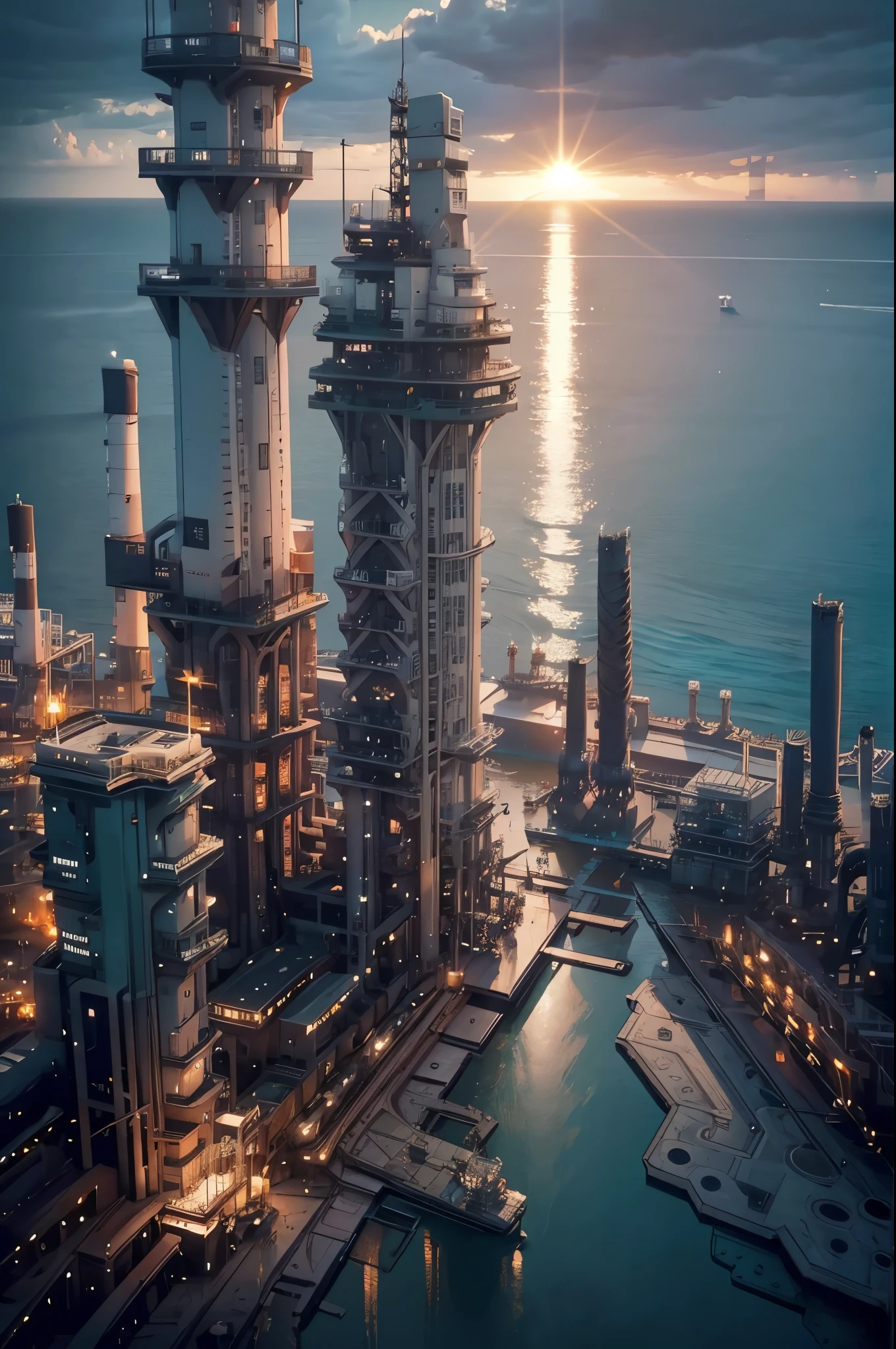 The view from the helicopter,(((The offshore plant floats on the ocean.:1.5))),(Beautiful ocean drawing),(Gentle sunset),(Night view),(Aerial photos),(((masterpiece:1.5),(highest quality:1.5),(Very detailed:1.5),(High resolution:1.5),(Realistic:1.5),(RAW Photos:1.5),(Delicate depiction),(Gentle colors))),8k,wallpaper