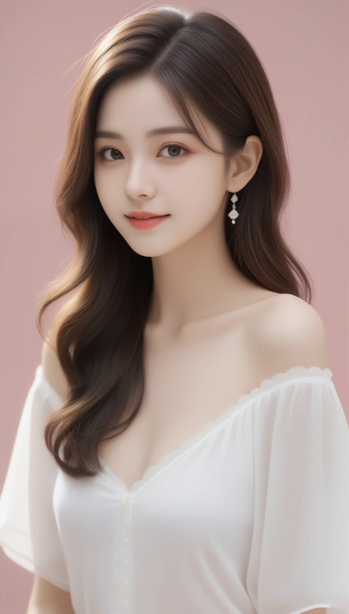 8k, Ultra-high resolution, highest quality, masterpiece, Rule of thirds photography,Surreal, photograph, 女の子1 person, (:1.3), pretty girl, Cute Face, Beautiful eyes in every detail, 細かくdetailedに,masterpiece,, One Girl:1.2, 日本のwomanアナウンサー,highest quality, 非常にdetailed, masterpiece, 1 person,woman,(((完璧なwomanの体))),Very beautiful face, Very beautiful body,Gentle expression, Very beautiful eyes,(Perfect Makeup:1.1),Fashion Model,Curly Hair,Shaggy Hair,Candy colored hair:1.3, very thin body,Smart Abs, Chiffon blouse,A kind smile,Upper body portrait,(White Background), (Shiny skin),(Earrings),,Looking at the audience、beauty,Long neck、Laugh a little、Please close your mouth and laugh、(((Ideal body type))),A-cup small breasts :2,whole body、Perfect Anatomy、鮮明なdetailed、detailed、Surreal、Light and shadow,Strong light