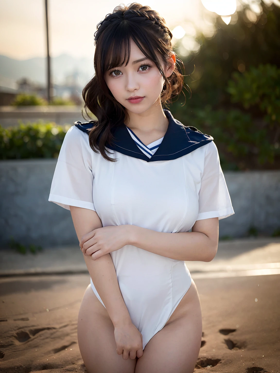 hight resolution, hightquality, high detal, high-detail, Transcendent pretty sister, Two large bulges lined up horizontally at the top of the see-through sailor suit, Wet, Lake in the forest, bathing in water, natta, with light glowing, a moon,