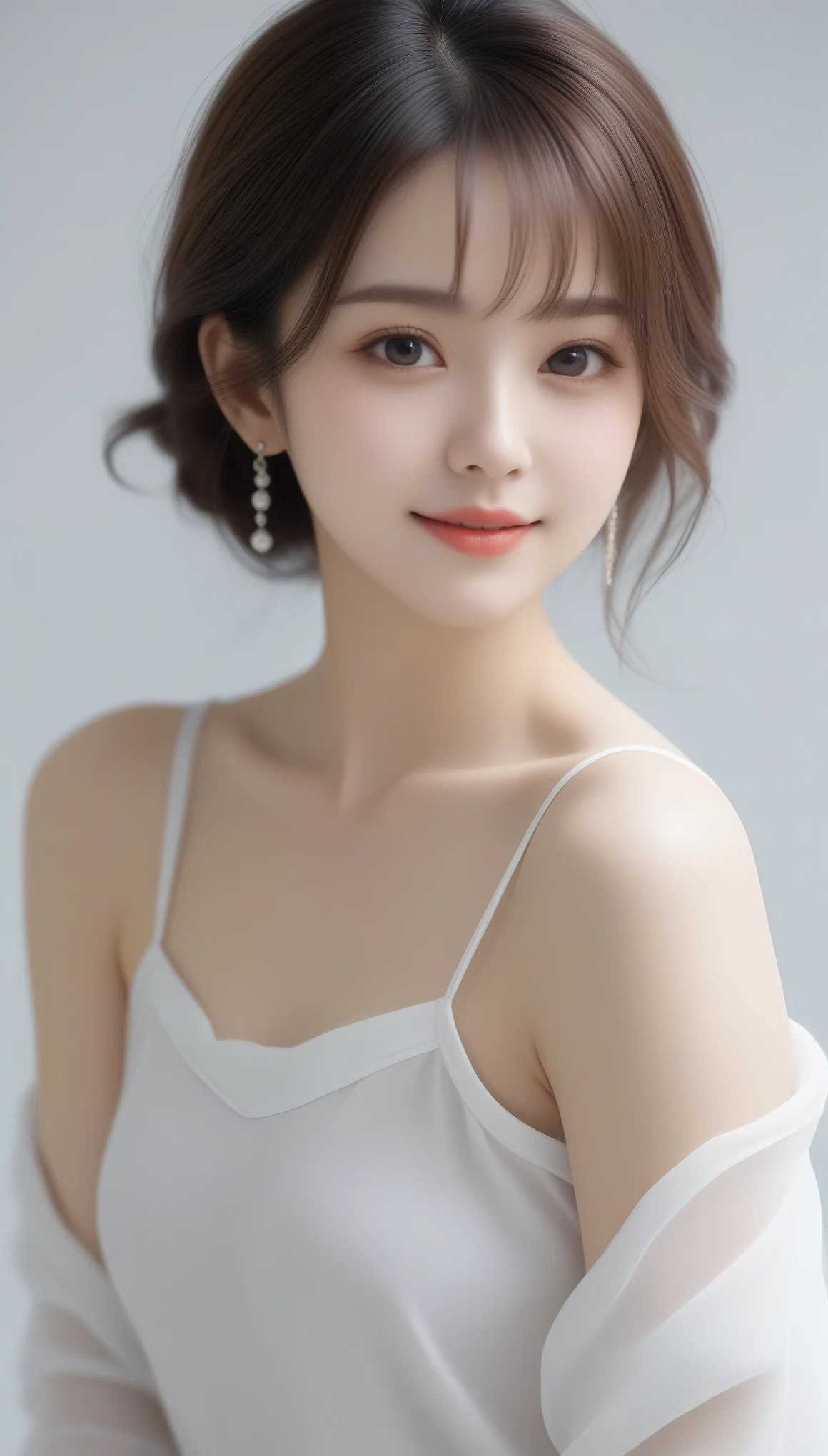 8k, Ultra-high resolution, highest quality, masterpiece, Rule of thirds photography,Surreal, photograph, 1 person, (16 3), pretty girl, Cute Face, Beautiful eyes in every detail, 細かくdetailedに,masterpiece,, One Girl:1.2, 日本のwomanアナウンサー,highest quality, 非常にdetailed, masterpiece, 1 person,woman,(((完璧なwomanの体))),Very beautiful face, Very beautiful body,Gentle expression, Very beautiful eyes,(Perfect Makeup:1.1),Fashion Model,Curly Hair,Shaggy Hair,Candy colored hair:1.3, very thin body,Smart Abs, Chiffon blouse,A kind smile,Upper body portrait,(White Background), (Shiny skin),(Earrings),,Looking at the audience、beauty,Long neck、Laugh a little、Please close your mouth and laugh、(((Ideal body type))),A-cup small breasts :2,whole body、Perfect Anatomy、鮮明なdetailed、detailed、Surreal、Light and shadow,Strong light