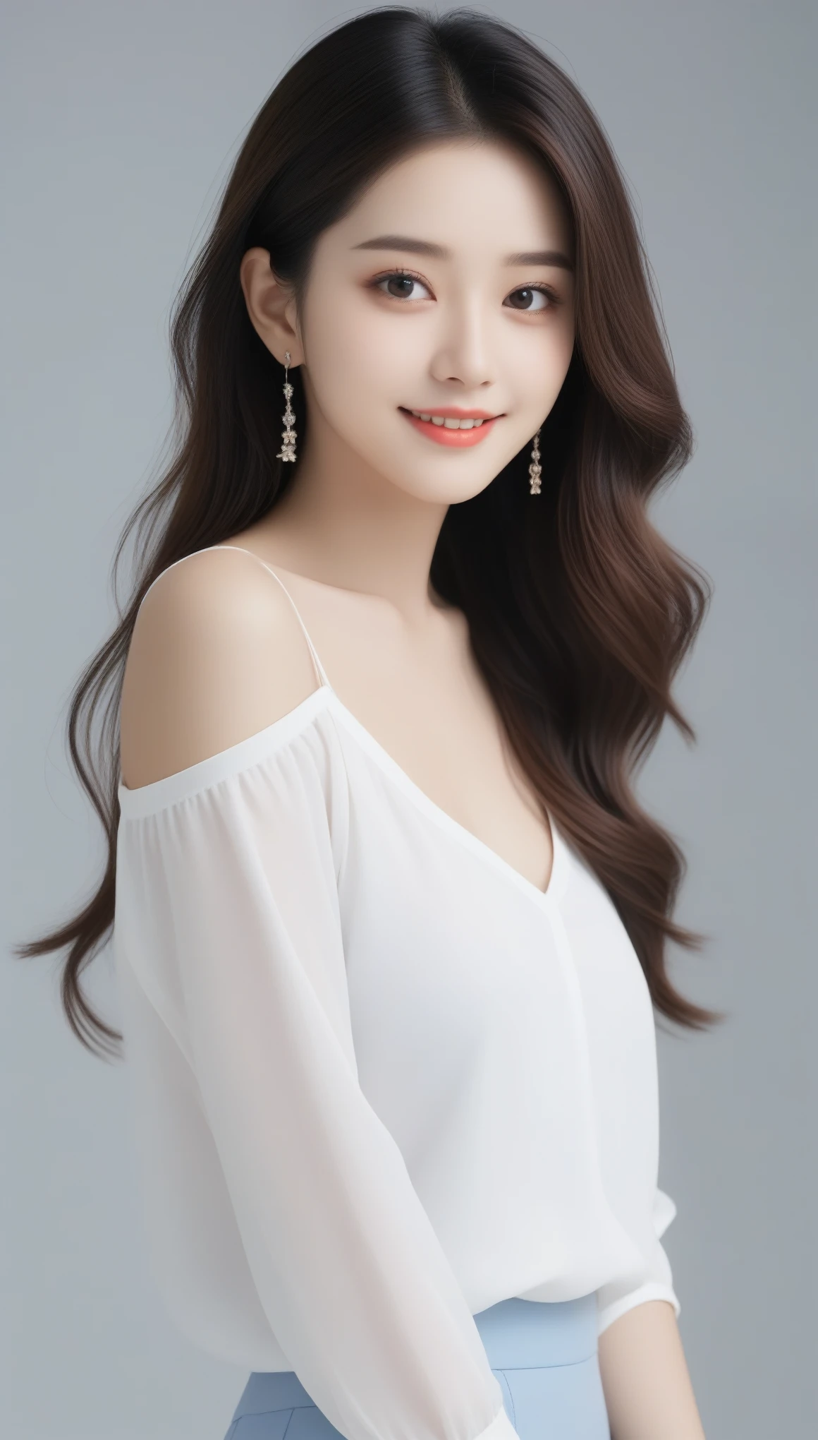 8k, Ultra-high resolution, highest quality, masterpiece, Rule of thirds photography,Surreal, photograph, 女の子1 person, (16 years old:1.3), pretty girl, Cute Face, Beautiful eyes in every detail, 細かくdetailedに,masterpiece,, One Girl:1.2, 日本のwomanアナウンサー,highest quality, 非常にdetailed, masterpiece, 1 person,woman,(((完璧なwomanの体))),Very beautiful face, Very beautiful body,Gentle expression, Very beautiful eyes,(Perfect Makeup:1.1),Fashion Model,Curly Hair,Shaggy Hair,Candy colored hair:1.3, very thin body,Smart Abs, Chiffon blouse,A kind smile,Upper body portrait,(White Background), (Shiny skin),(Earrings),,Looking at the audience、beauty,Long neck、Laugh a little、Please close your mouth and laugh、(((Ideal body type))),A-cup small breasts :2,whole body、Perfect Anatomy、鮮明なdetailed、detailed、Surreal、Light and shadow,Strong light