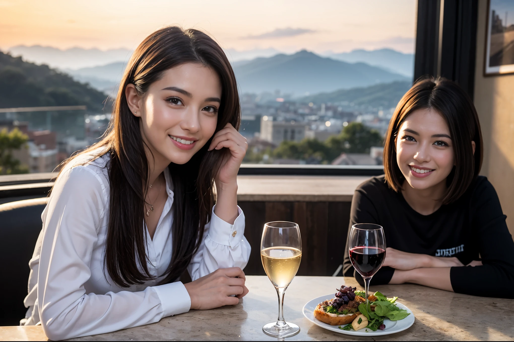 ((highest quality、8k、masterpiece:1.3))、1 male、1 female、Spouse、Beautiful couple、smile、 (Slim face), (the body is スリム), (Brown Hair), (Shortcuts), ((Bob Hale、Straight hair:1.2)), テーブルの上のwine glass、Please shine a light on my face、 Amazing view of the sunset sky and clouds、Amazing mountain views、smileの美しさ、Bright image、Blushing, Shortcuts,Bright Face、 (Age 35), 39 years old, red wine 、Appetizers、Italian food、Wine bottle、Champagne、sparkling wine、Long sleeve shirt、dress、Attractive beauty、restaurant, Nova Frog Style, actress, model, Upper Body, White wine, red wine, wine glass,