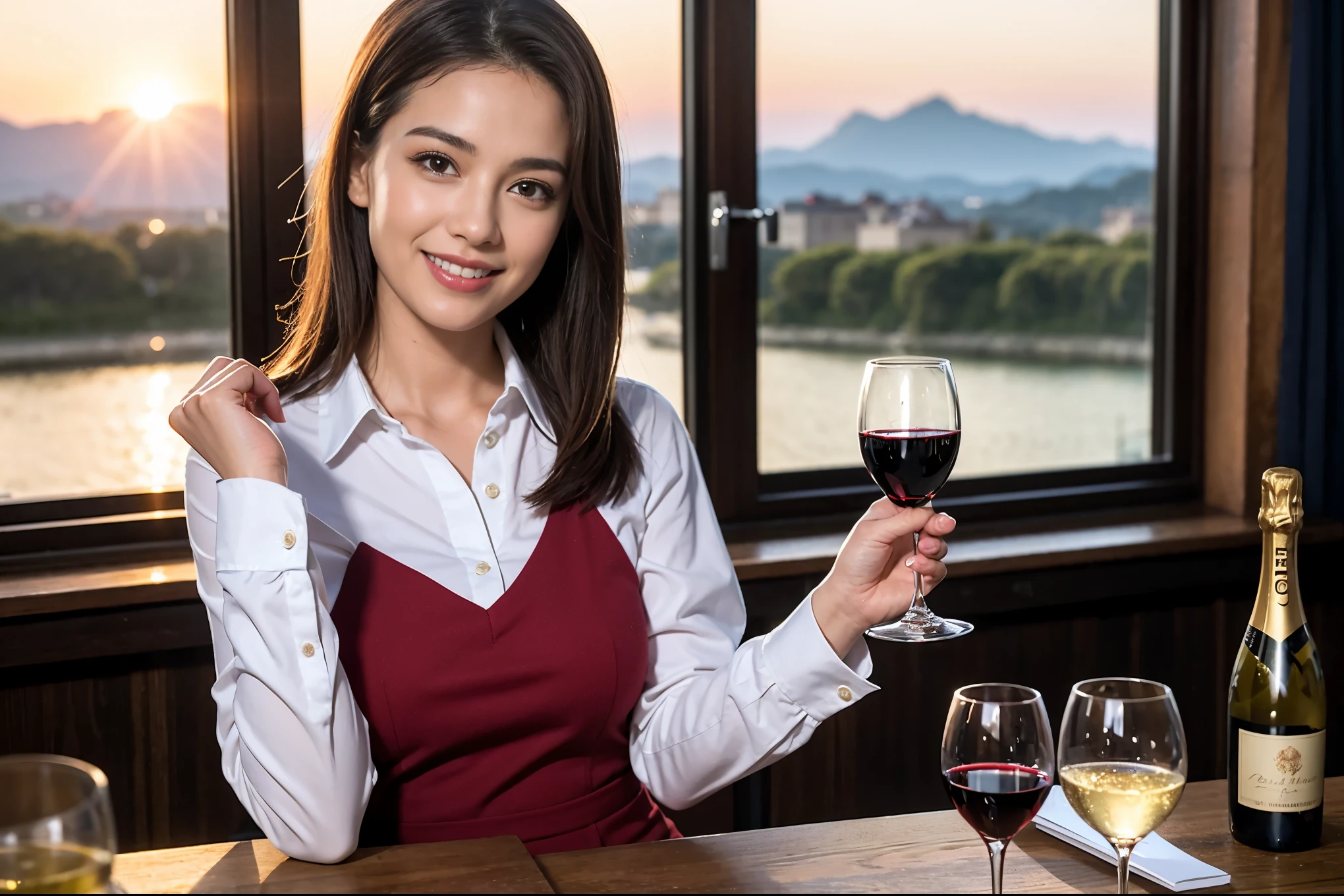 ((highest quality、8k、masterpiece:1.3))、1 male、1 female、Spouse、Beautiful couple、smile、 (Slim face), (the body is スリム), (Brown Hair), (Shortcuts), ((Bob Hale、Straight hair:1.2)), テーブルの上のwine glass、Please shine a light on my face、 Amazing view of the sunset sky and clouds、Amazing mountain views、smileの美しさ、Bright image、Blushing, Shortcuts,Bright Face、 (Age 35), 39 years old, red wine 、Appetizers、Italian food、Wine bottle、Champagne、sparkling wine、Long sleeve shirt、dress、Attractive beauty、restaurant, Nova Frog Style, actress, model, Upper Body, White wine, red wine, wine glass,
