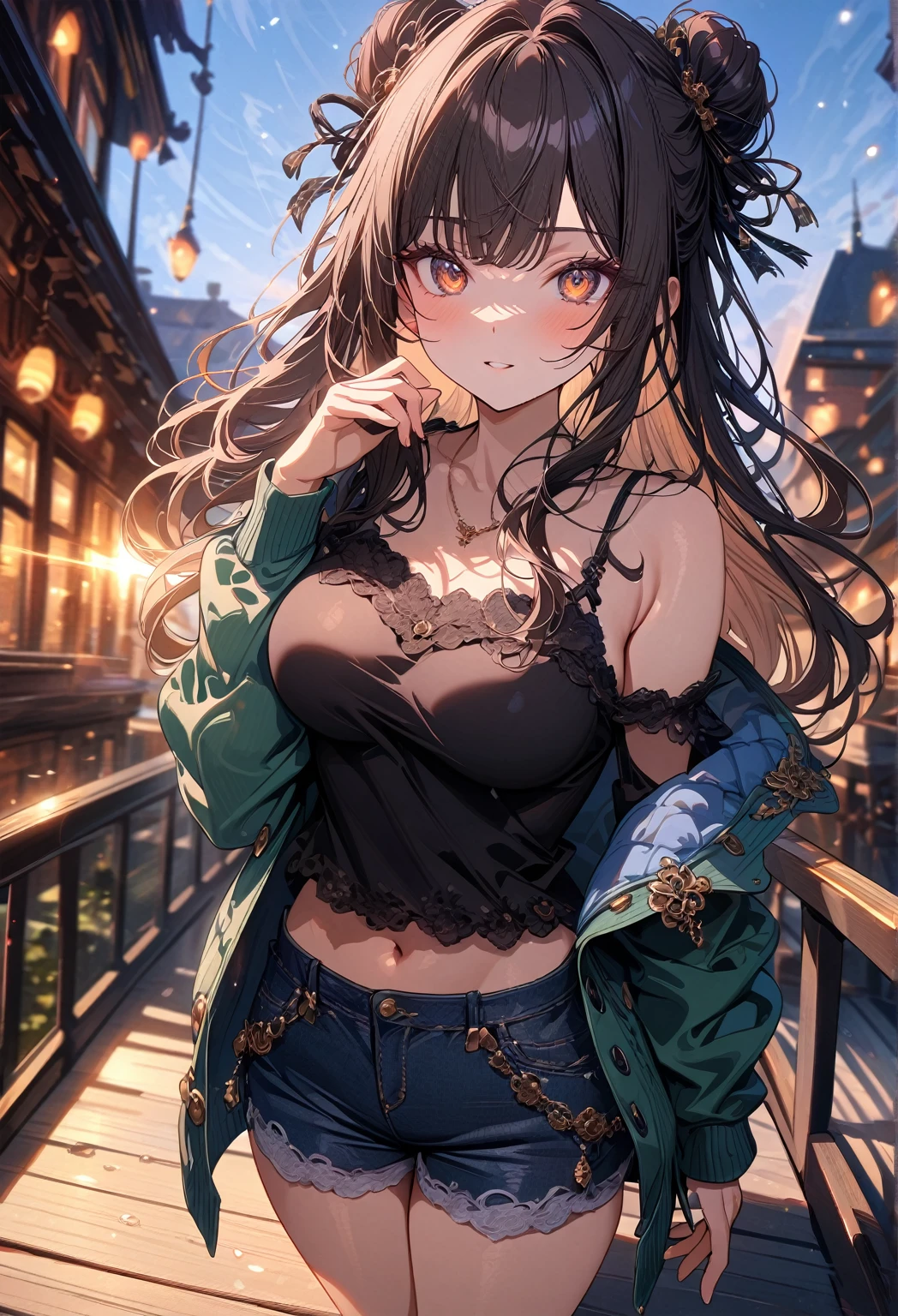 1girl, (best quality, top details, high quality, detailed, highest quality, recent, aesthetic, greater quality, highres, ultra fine painting, masterpiece:1.2), digital art, 8k CG wallpaper, 4k, 8k resolution, CG, detailed background, high resolution, epic lighting, RAW photo, POV shot, sharp focus, HDR, UHD, professional photography, good lighting, soft light, soft colors, looking at viewer, detailed lights and shadows, niji style, stylish, ultra, ultra-detailed, trending art, master crafted, blurry background, pose, top quality, details, solo, a nervous girl, (big medium breasts:1.2), tight bust, flushtered, nice hips, nice body, casual, innocent face, cute, slim, nervous face, brown hair, long flowing hair, twin buns hairstyle, long bangs, (long hair), middle hair bangs, brown eyes, full body, ((tight black string tanktop:1.2), exposed tummy, off shoulder green open hoodie, shorts, one big red gem heart necklace)