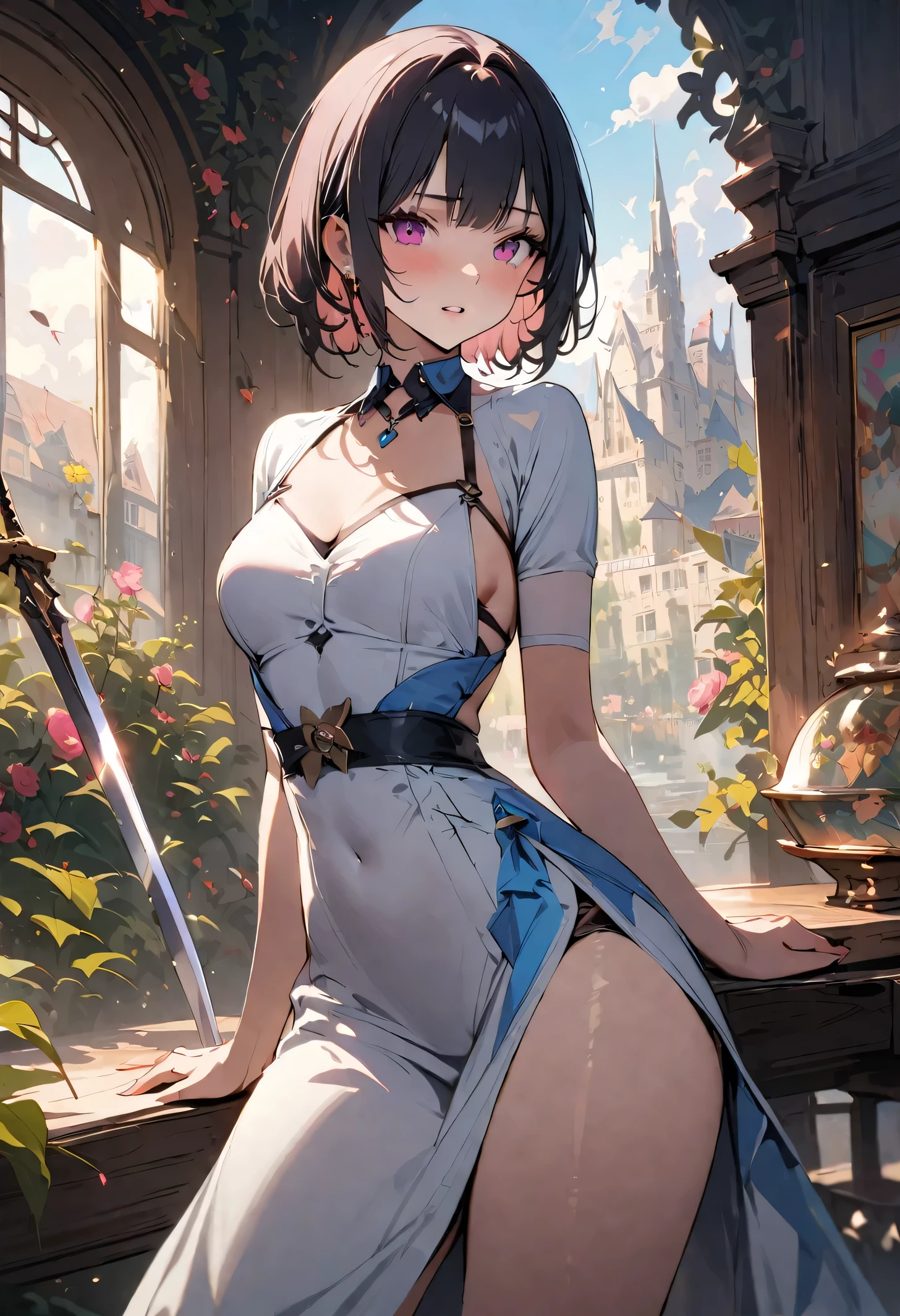 masterpiece, highest quality, Illustrations for novels, High resolution, 18+ Adult content, Sensual, Intimate, Emotional, Passionate, romantic, sweet, Adorable, Innocent, Pure, Fascinating, Fascinating, attractive, Mysterious, Fascinating, Fascinating, Immersive, Fascinating, dream-like, Surreal, Imaginative, Whimsical, artistic, Avant-garde, timeless, elegant, Sophisticated, chic, Sophisticated, Individuality, original, Fascinating,(Female Warrior:1.3),Swordsman、Holy sword、Large sword