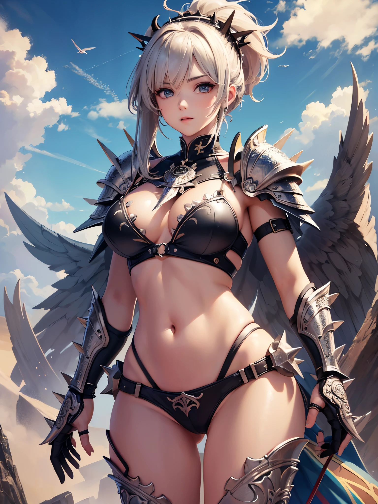 ((highest quality)),(Ultra-high resolution),(Very detailed),(Detailed Description),((The best CG)),(A masterpiece),Ultra-detailed art,Amazing drawing art,(Art with precise detail:1.5), (Warrior Woman Angel:1.5),Beautiful and well-proportioned face:1.3),(Spiky Hair:1.4),(Bikini armor with intricately detailed relief:1.5)