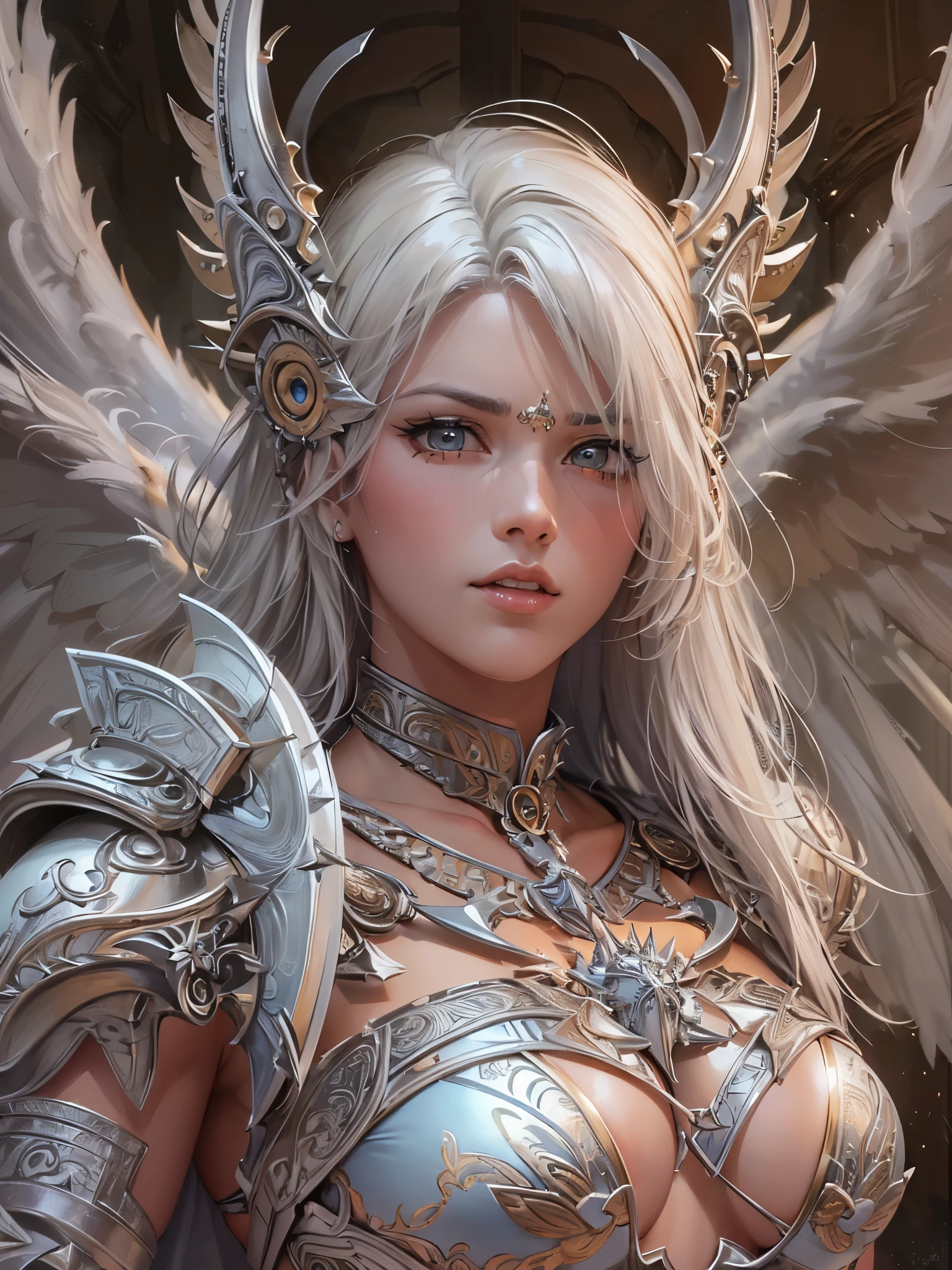 ((highest quality)),(Ultra-high resolution),(Very detailed),(Detailed Description),((The best CG)),(A masterpiece),Ultra-detailed art,Amazing drawing art,(Art with precise detail:1.5), (Warrior Woman Angel:1.5),Beautiful and well-proportioned face:1.3),(Spiky Hair:1.4),(Bikini armor with intricately detailed relief:1.5)