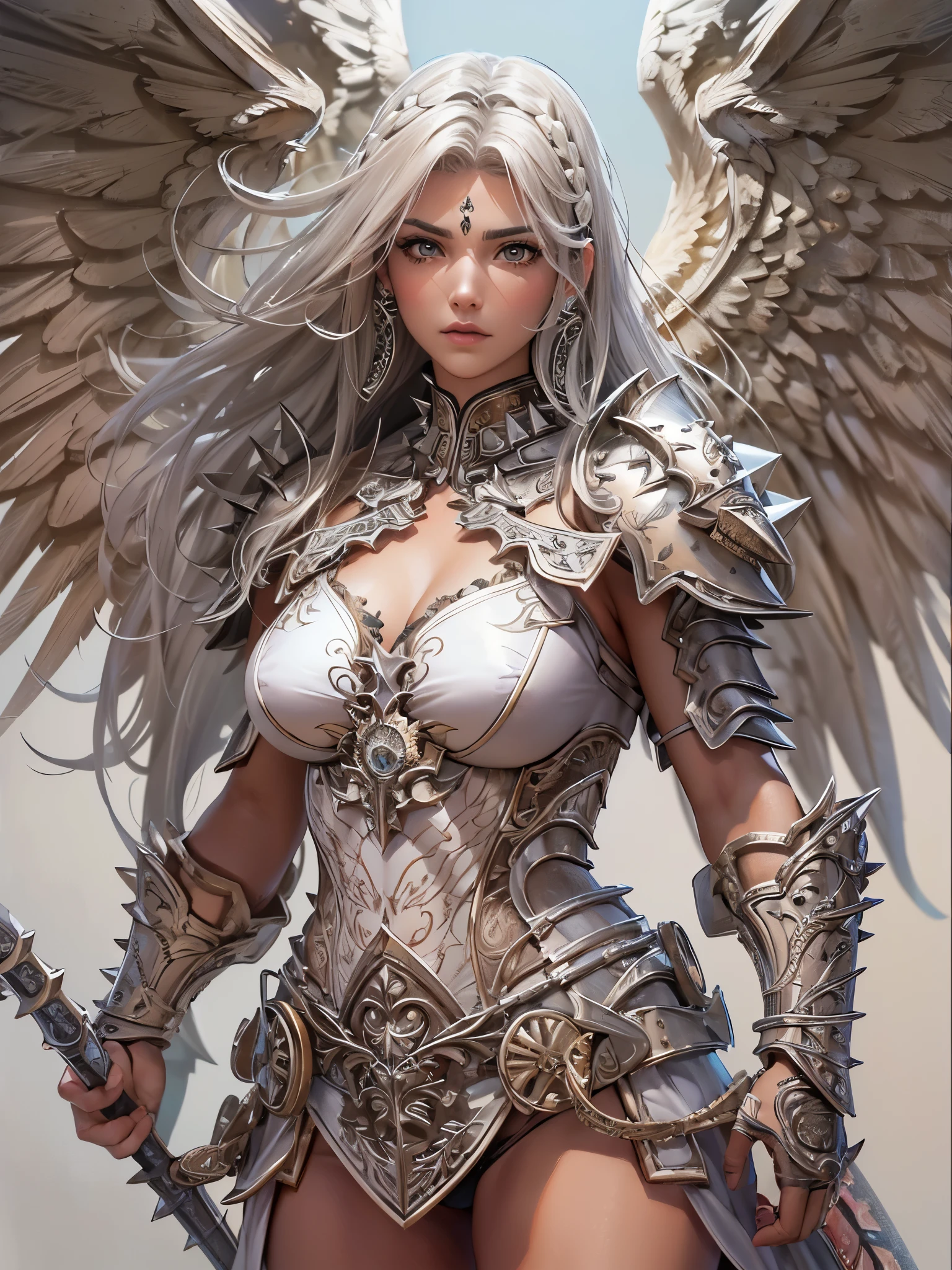 ((highest quality)),(Ultra-high resolution),(Very detailed),(Detailed Description),((The best CG)),(A masterpiece),Ultra-detailed art,Amazing drawing art,(Art with precise detail:1.5), (Warrior Woman Angel:1.5),Beautiful and well-proportioned face:1.3),(Spiky Hair:1.4),(Bikini armor with intricately detailed relief:1.5)