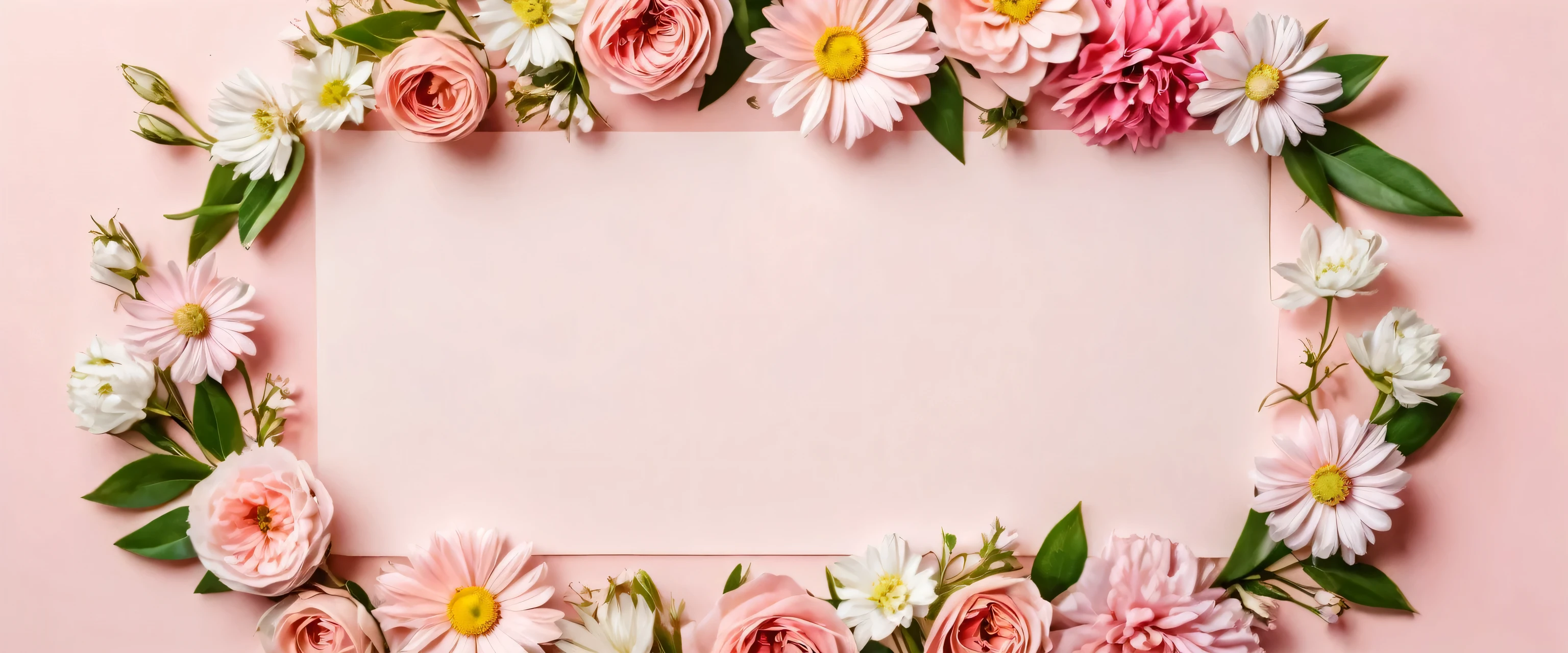 Banner with flowers on light pink background. Greeting card template for Wedding, mothers or womans day. Springtime composition with copy space. Flat lay style