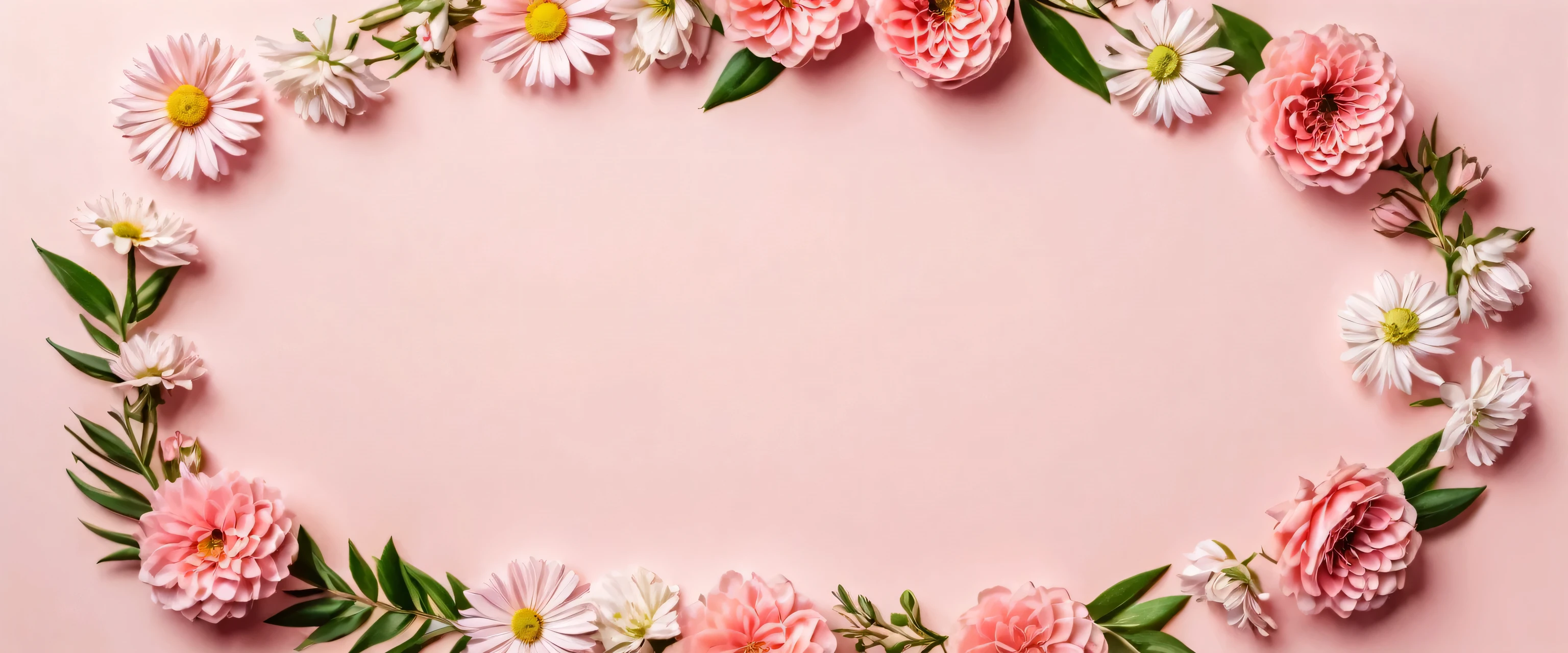 Banner with flowers on light pink background. Greeting card template for Wedding, mothers or womans day. Springtime composition with copy space. Flat lay style