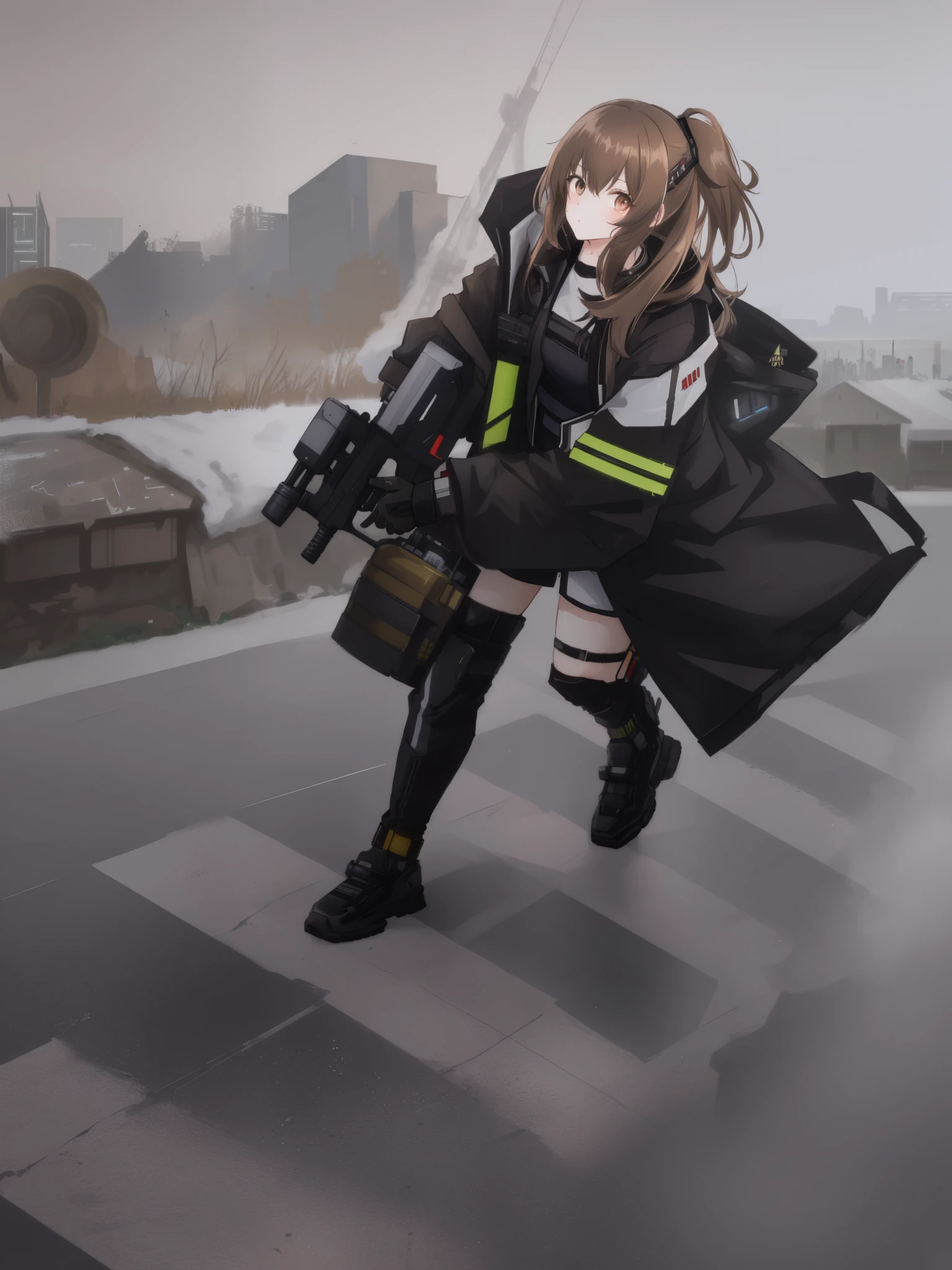 (hair swept bangs:1.3), (brown hair:1.3), anime cosplay girl with gun and black jacket posing for picture, m4 sopmod ii girls frontline, girls frontline style, wearing techwear and armor, cyberpunk outfit, cyberpunk style outfit, photograph of a techwear woman, cyberpunk streetwear, cosplay, cyberpunk techwear, cyberpunk anime girl, anime cosplay, cyberpunk style, techwear fashion, anime cyberpunk, anime girl cosplay