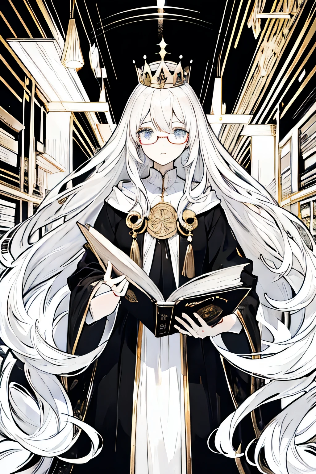 White hair crown gold and black robe glasses a long-haired girl books black and white