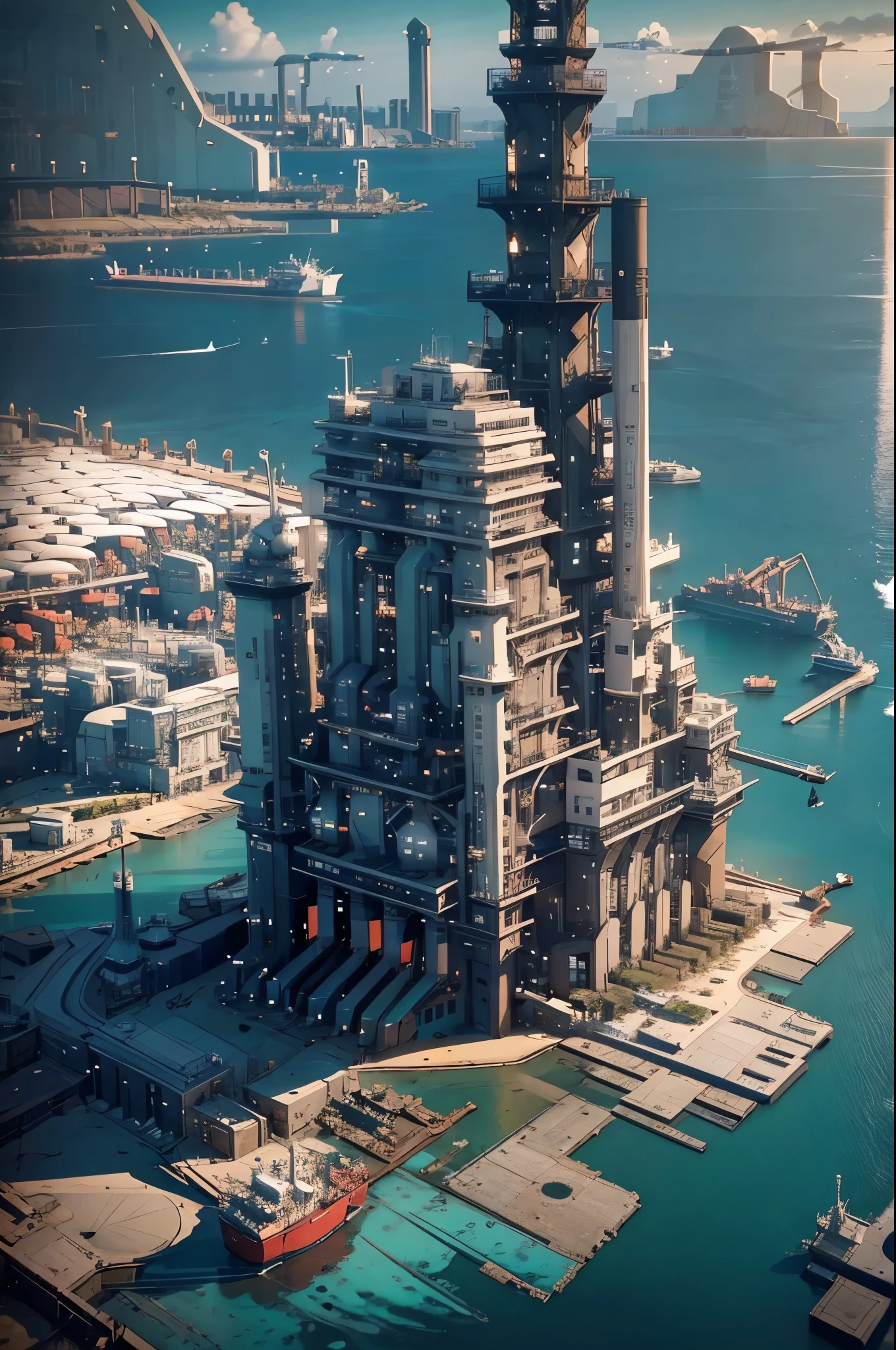 The view from the helicopter,(((The offshore plant floats on the ocean.:1.5))),(Beautiful ocean drawing),(Gentle sunset),(Night view),(Aerial photos),(((masterpiece:1.5),(highest quality:1.5),(Very detailed:1.5),(High resolution:1.5),(Realistic:1.5),(RAW Photos:1.5),(Delicate depiction),(Gentle colors))),8k,wallpaper