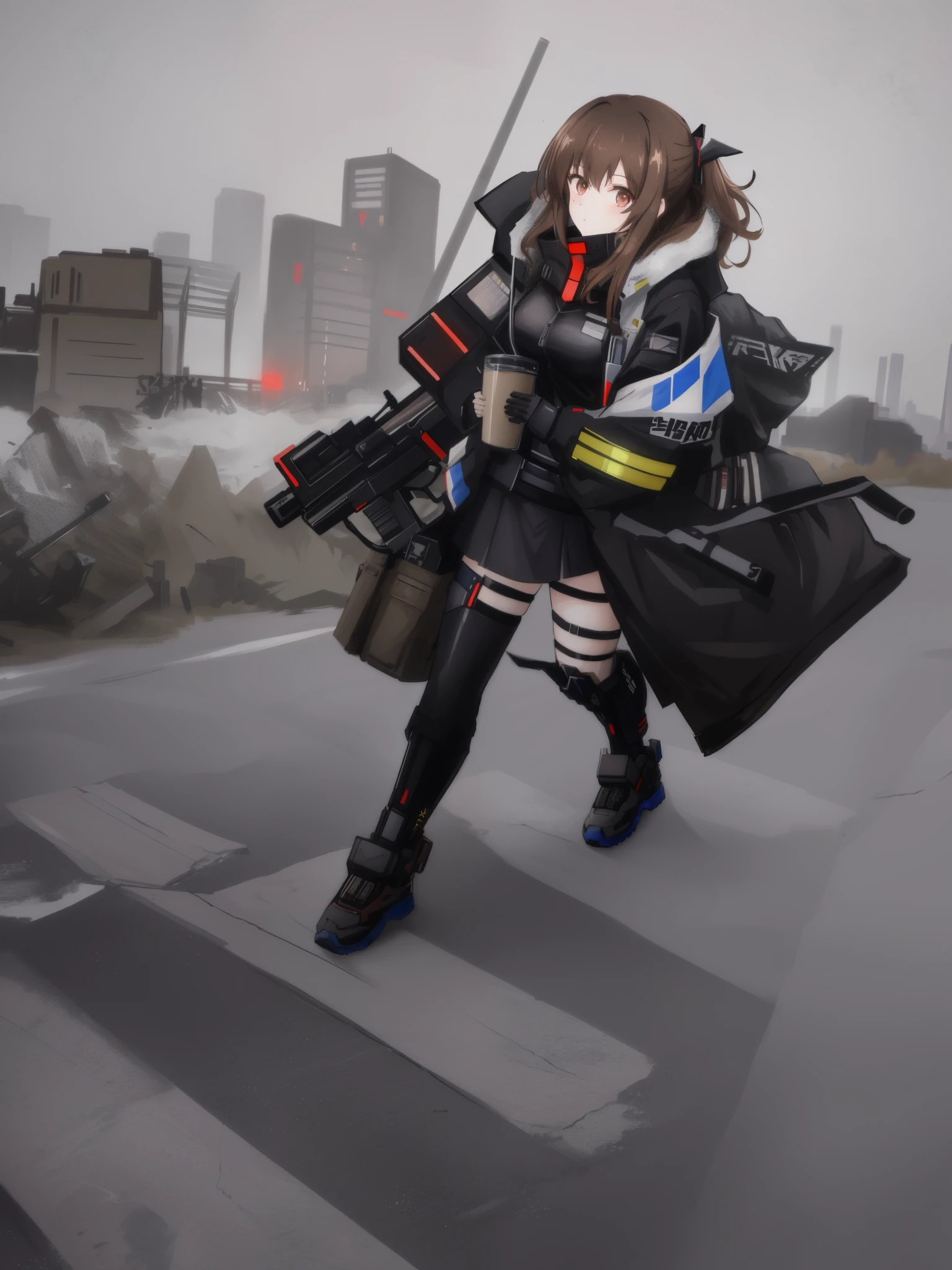 (hair swept bangs:1.3), (brown hair:1.3), anime cosplay girl with gun and black jacket posing for picture, m4 sopmod ii girls frontline, girls frontline style, wearing techwear and armor, cyberpunk outfit, cyberpunk style outfit, photograph of a techwear woman, cyberpunk streetwear, cosplay, cyberpunk techwear, cyberpunk anime girl, anime cosplay, cyberpunk style, techwear fashion, anime cyberpunk, anime girl cosplay